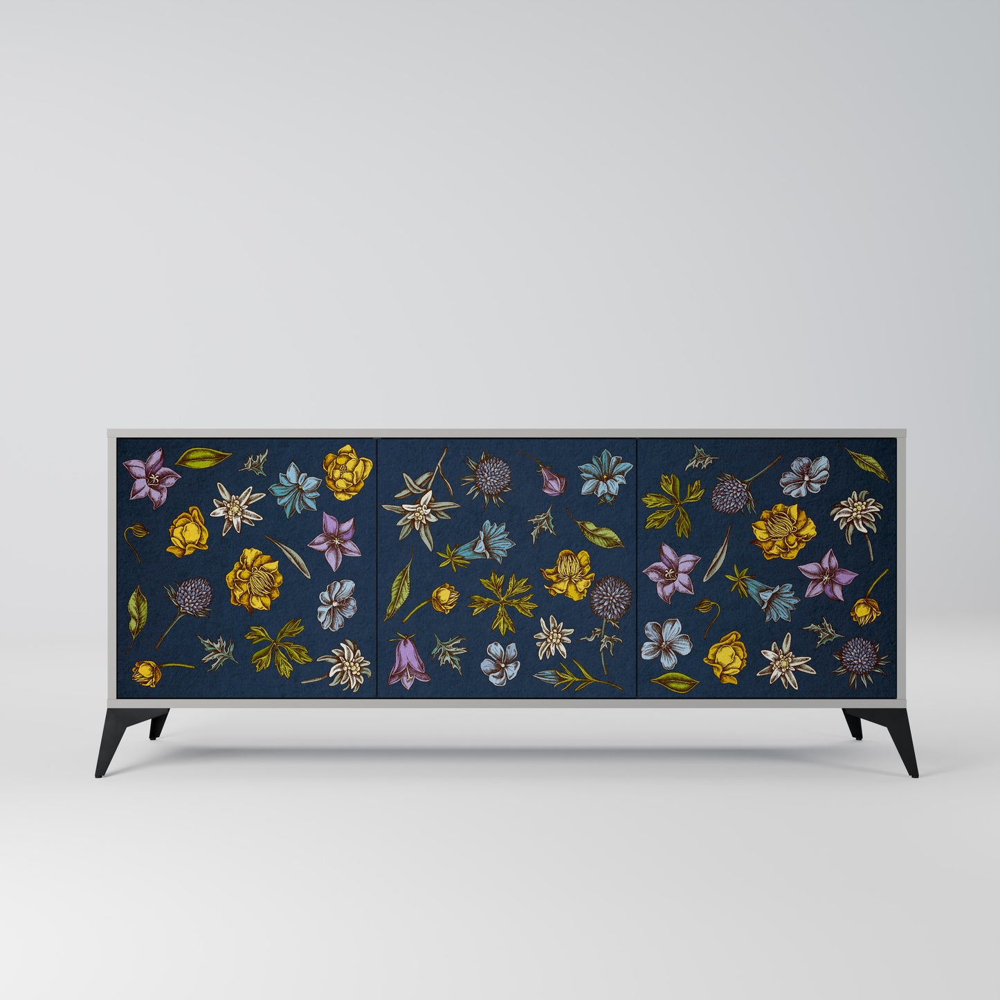 BLOMMOR PÅ MARINBLÅ 3-dörrars skänk i grå finish