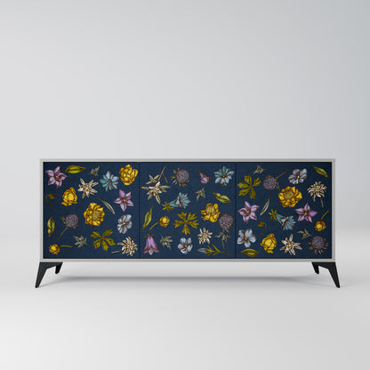 BLOMMOR PÅ MARINBLÅ 3-dörrars skänk i grå finish