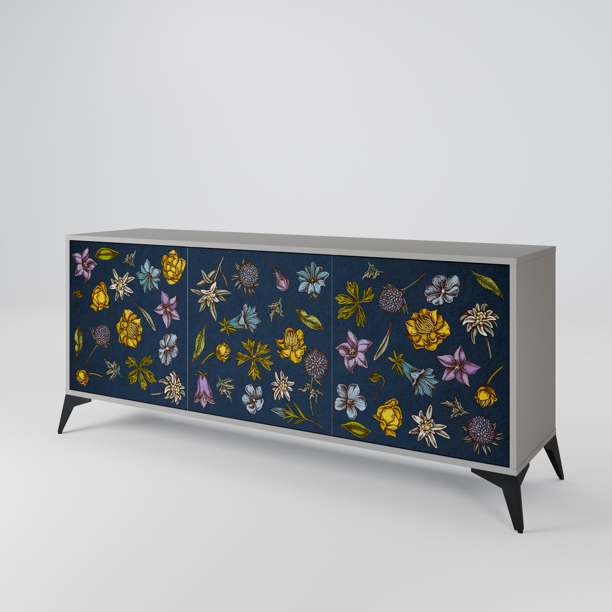 FLOWERS ON NAVY BLUE Skänk med tre dörrar