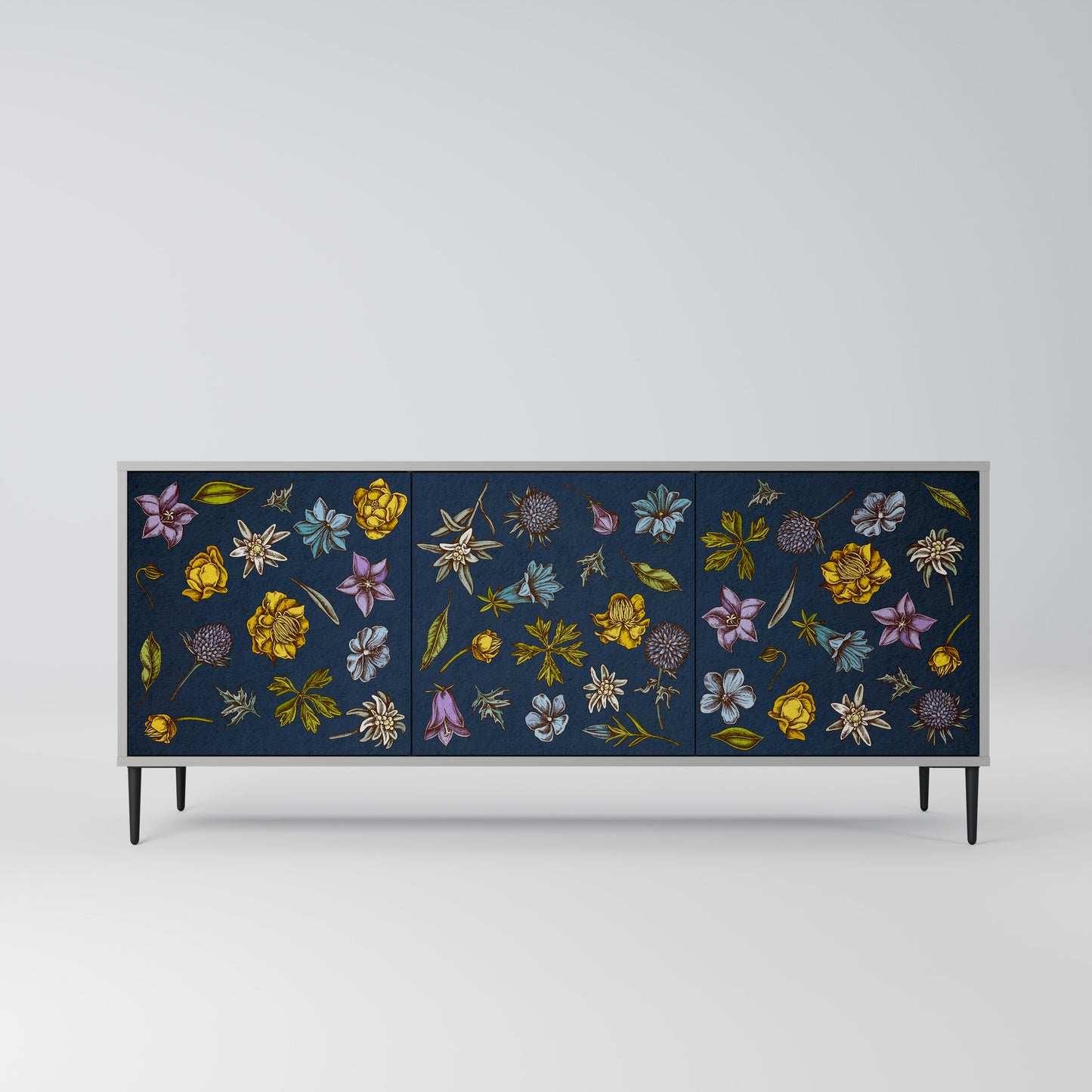 BLOMMOR PÅ MARINBLÅ 3-dörrars skänk i grå finish