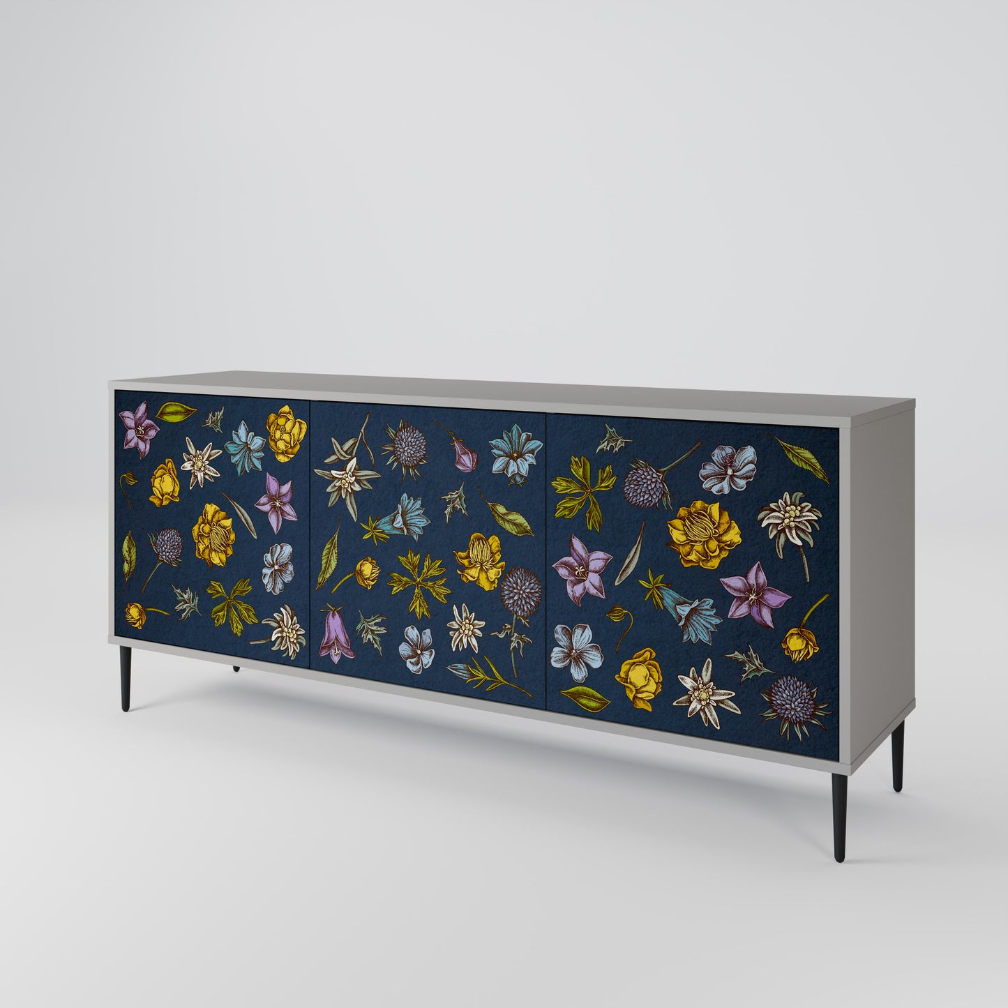 BLOMMOR PÅ MARINBLÅ 3-dörrars skänk i grå finish