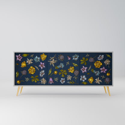 BLOMMOR PÅ MARINBLÅ 3-dörrars skänk i grå finish