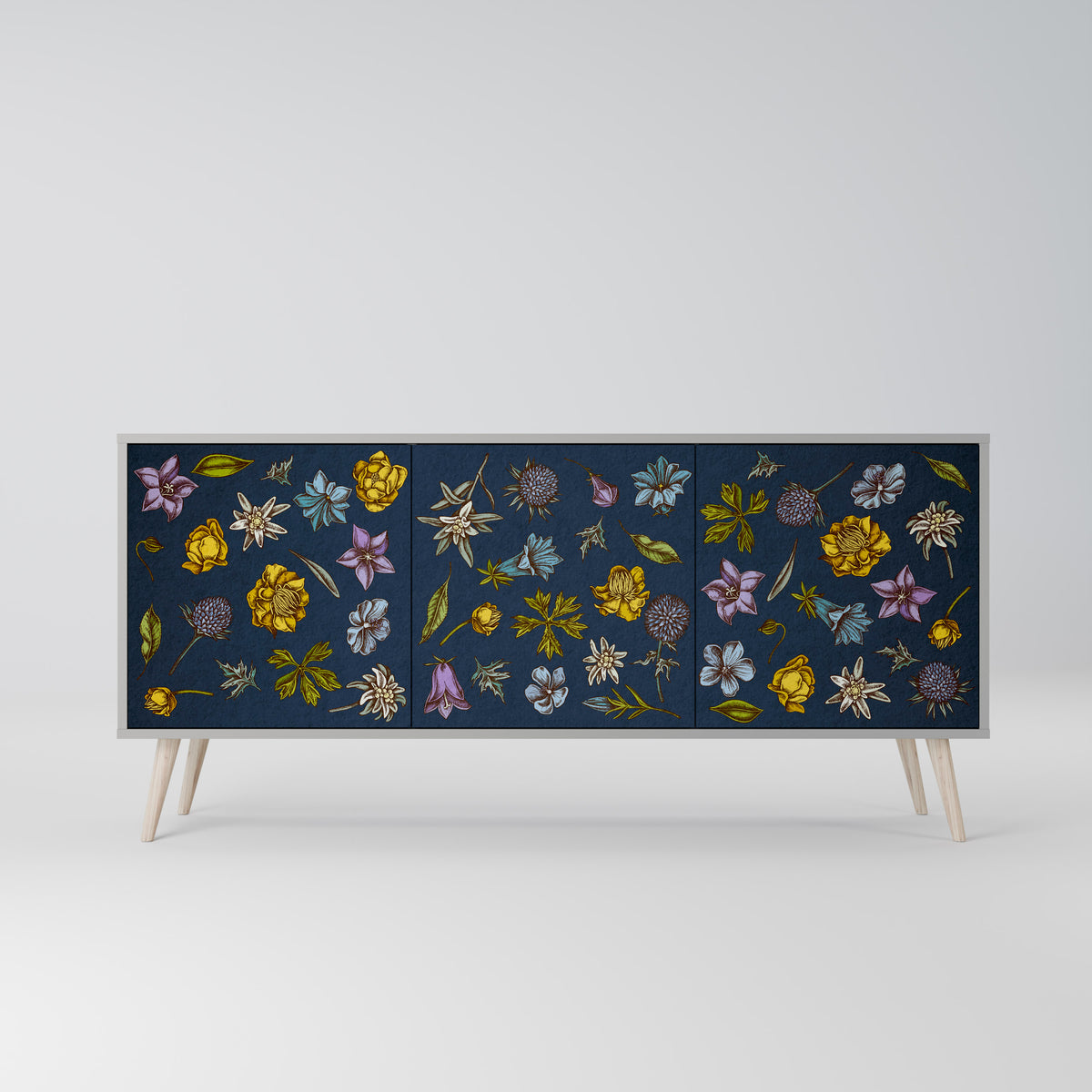 FLOWERS ON NAVY BLUE Skänk med tre dörrar