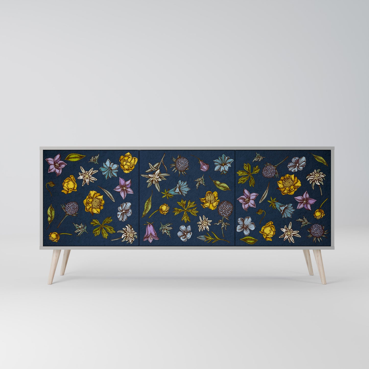 BLOMMOR PÅ MARINBLÅ 3-dörrars skänk i grå finish