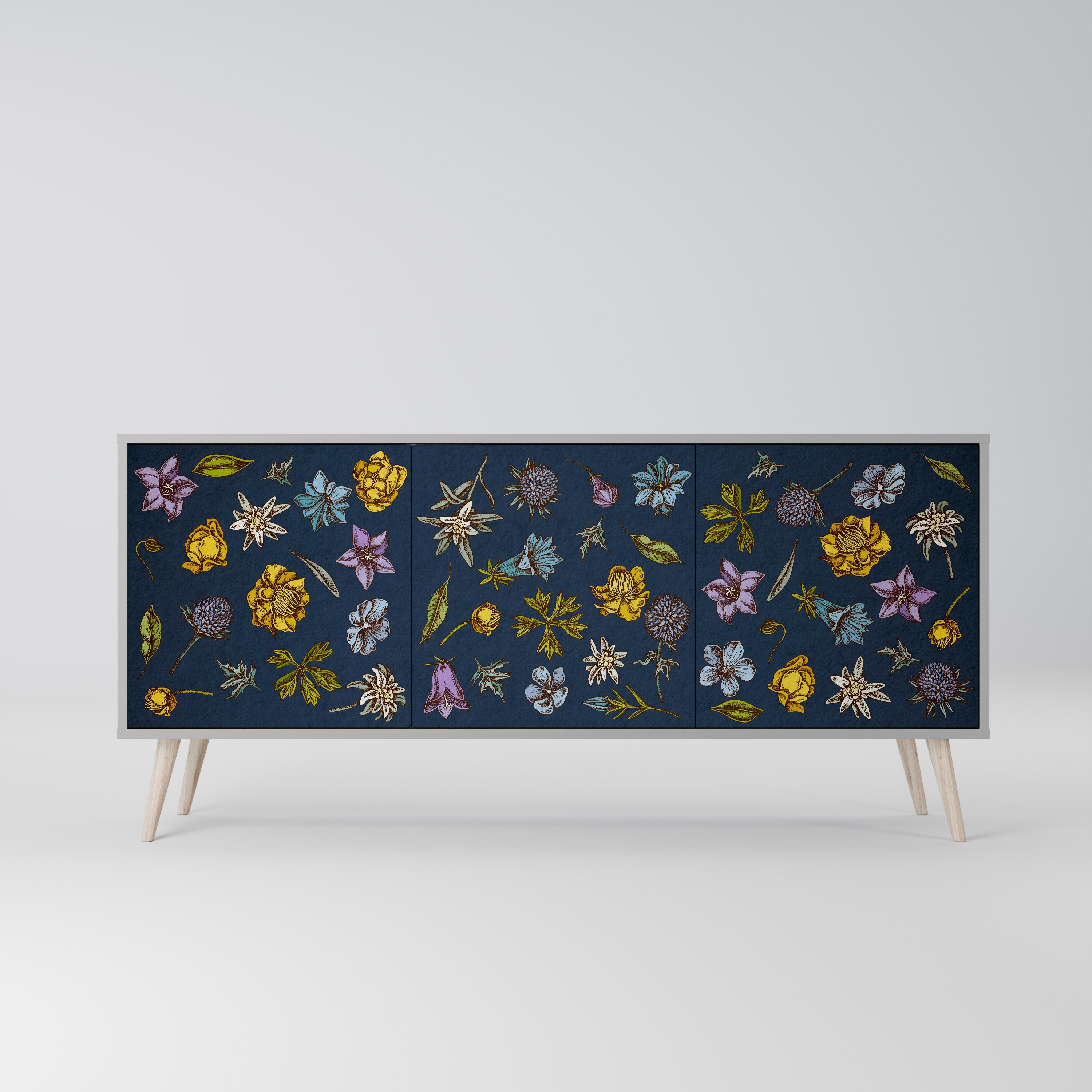 BLOMMOR PÅ MARINBLÅ 3-dörrars skänk i grå finish