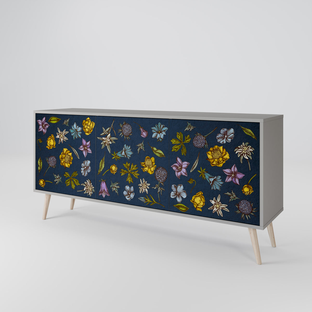 FLOWERS ON NAVY BLUE Skänk med tre dörrar