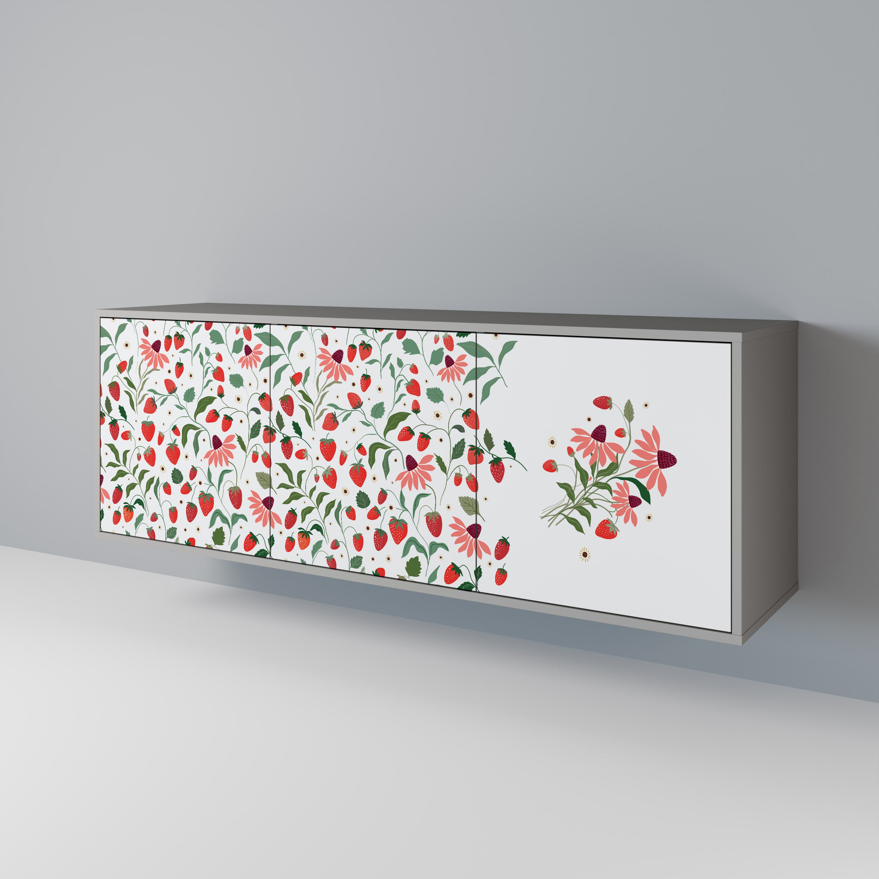 BLOMMOR OCH JORDGUBBAR 3-dörrars skänk i grå finish
