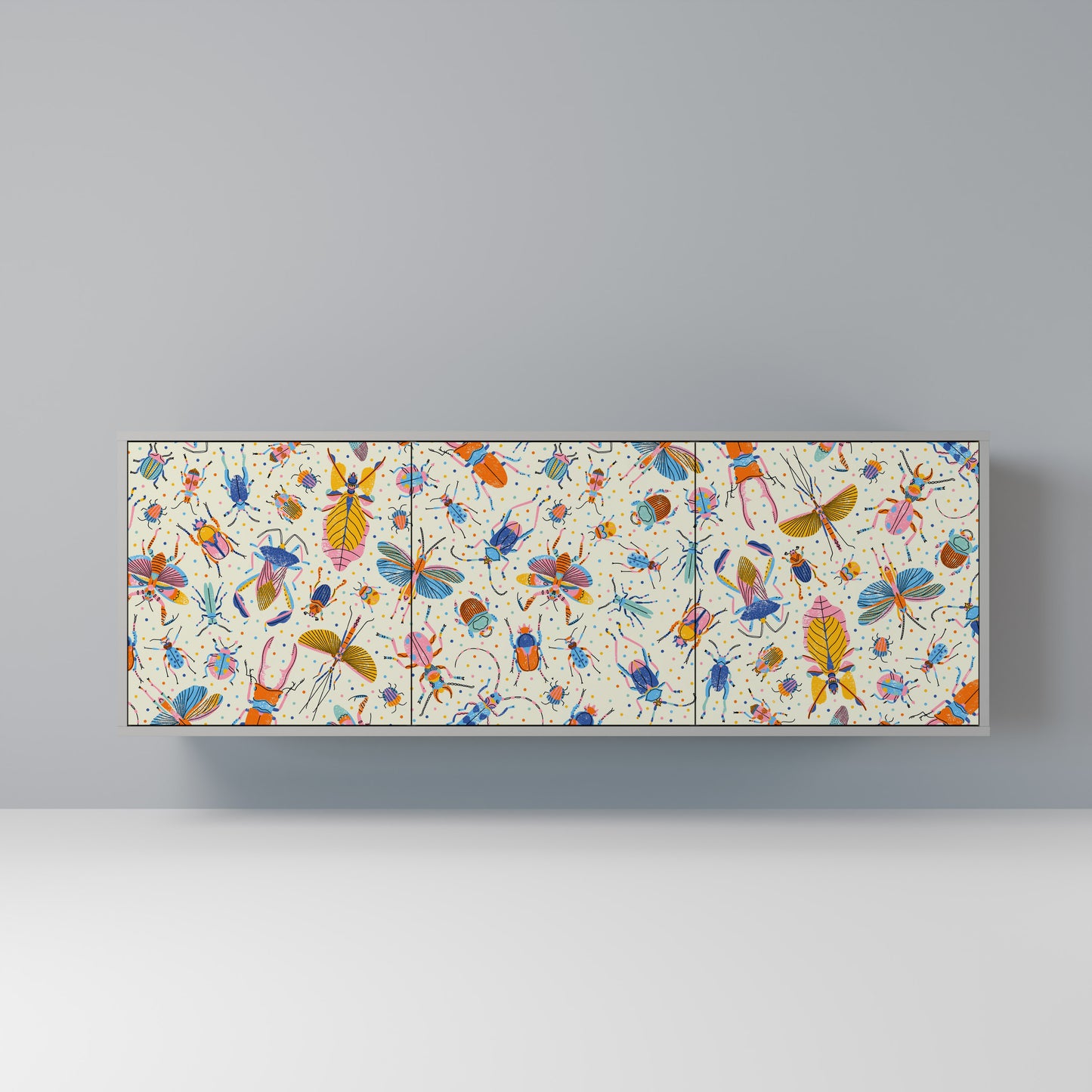 COLORFUL INSECTS 3-Door Sideboard in Grey Finish