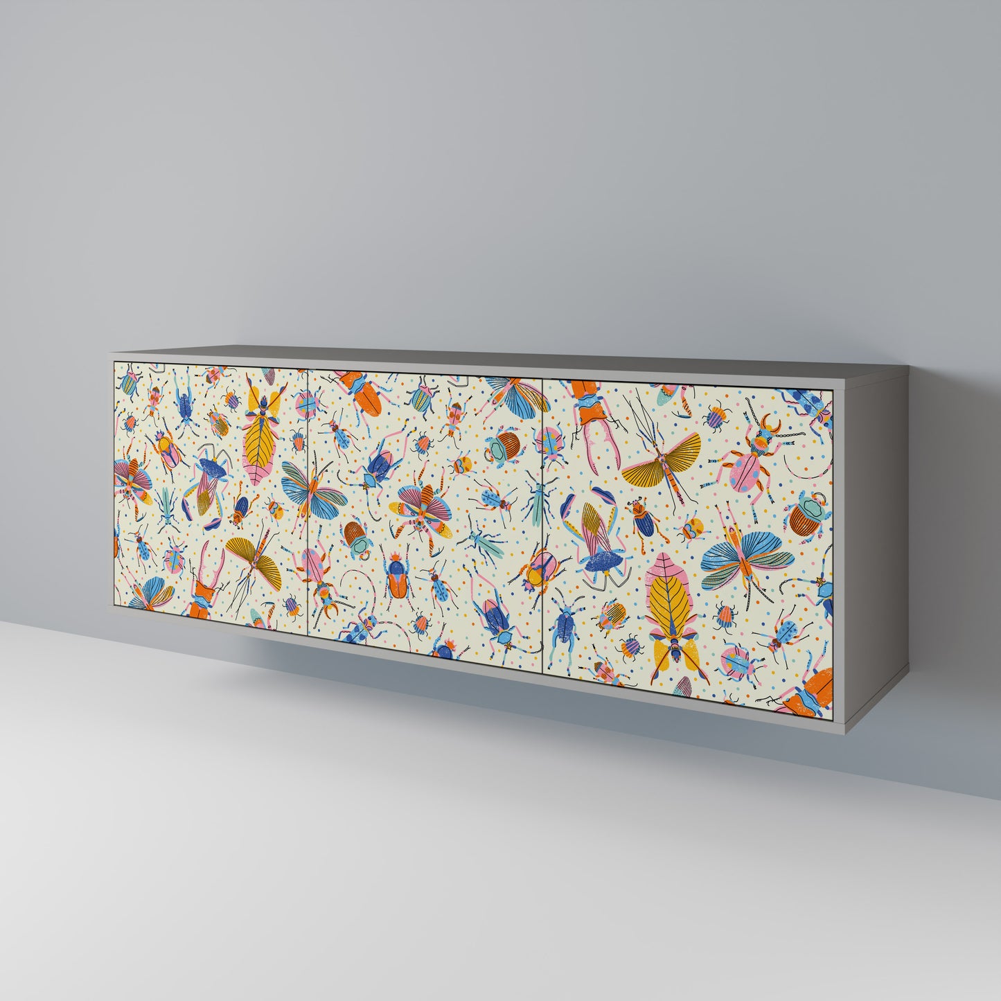 COLORFUL INSECTS 3-Door Sideboard in Grey Finish