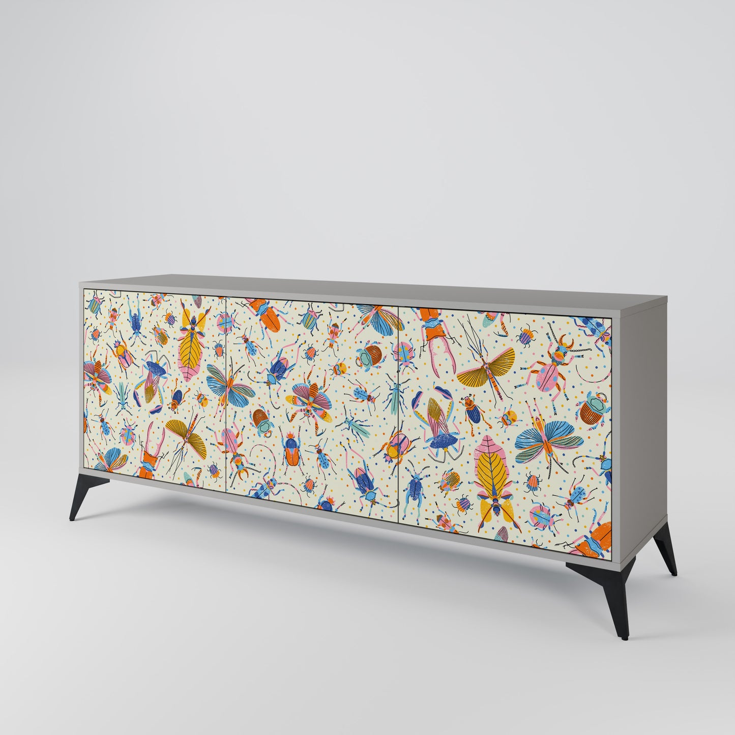 COLORFUL INSECTS 3-Door Sideboard in Grey Finish