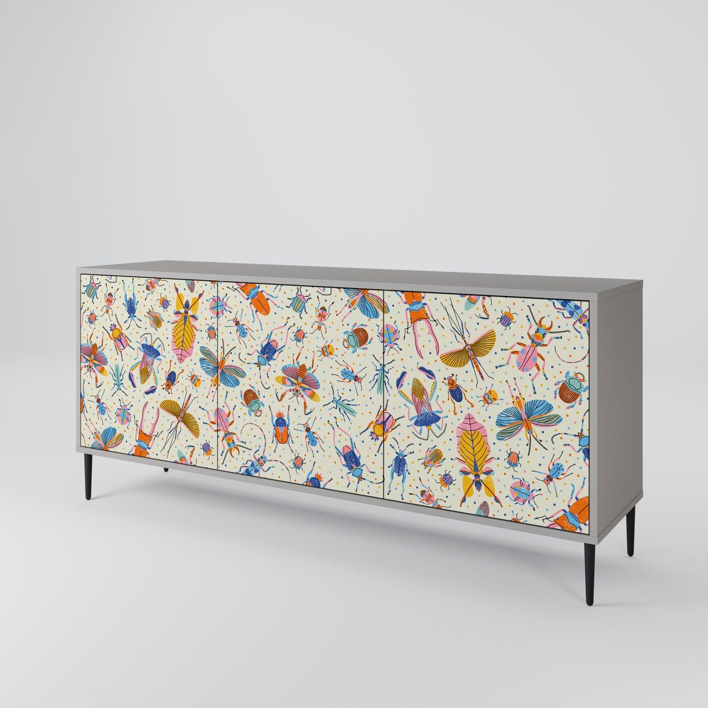 COLORFUL INSECTS 3-Door Sideboard in Grey Finish