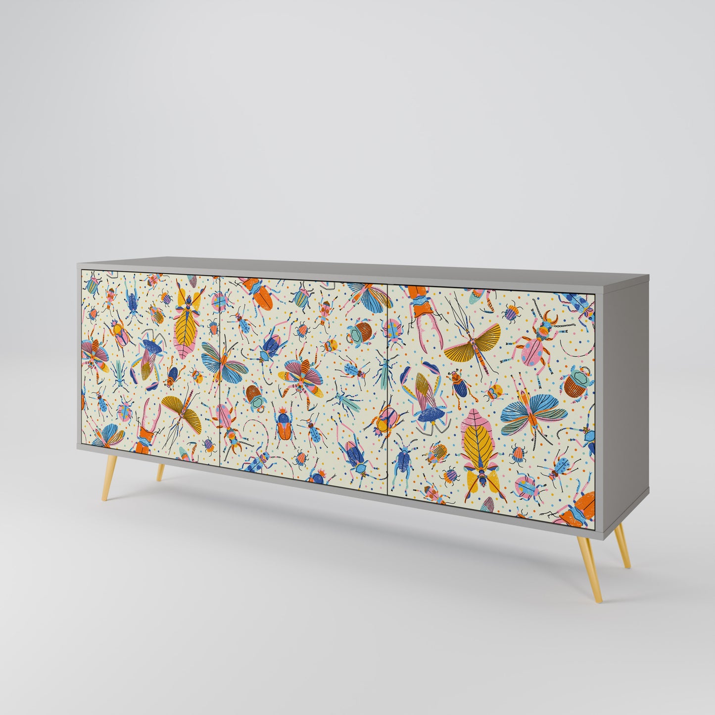 COLORFUL INSECTS 3-Door Sideboard in Grey Finish