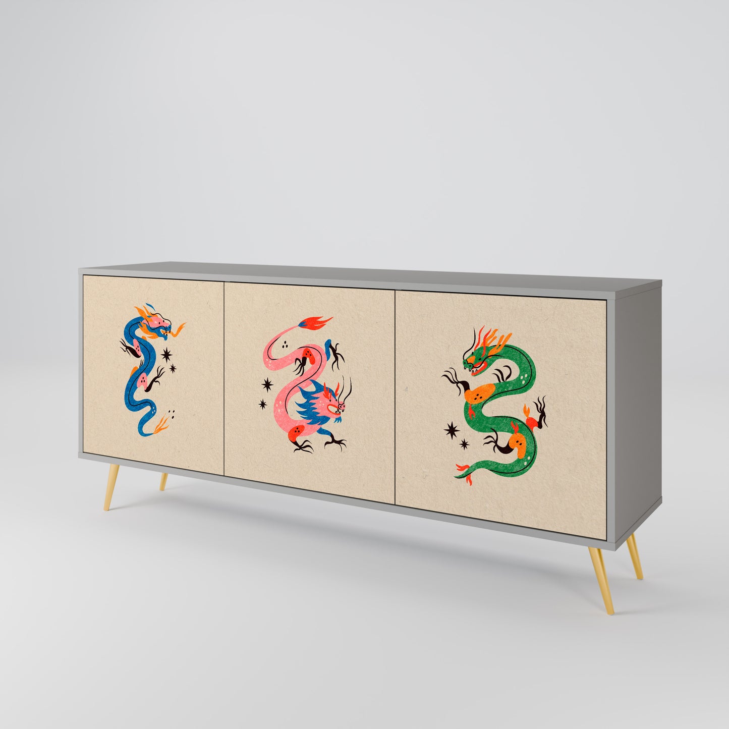 MYTHOLOGICAL CREATURES 3-Door Sideboard in Grey Finish