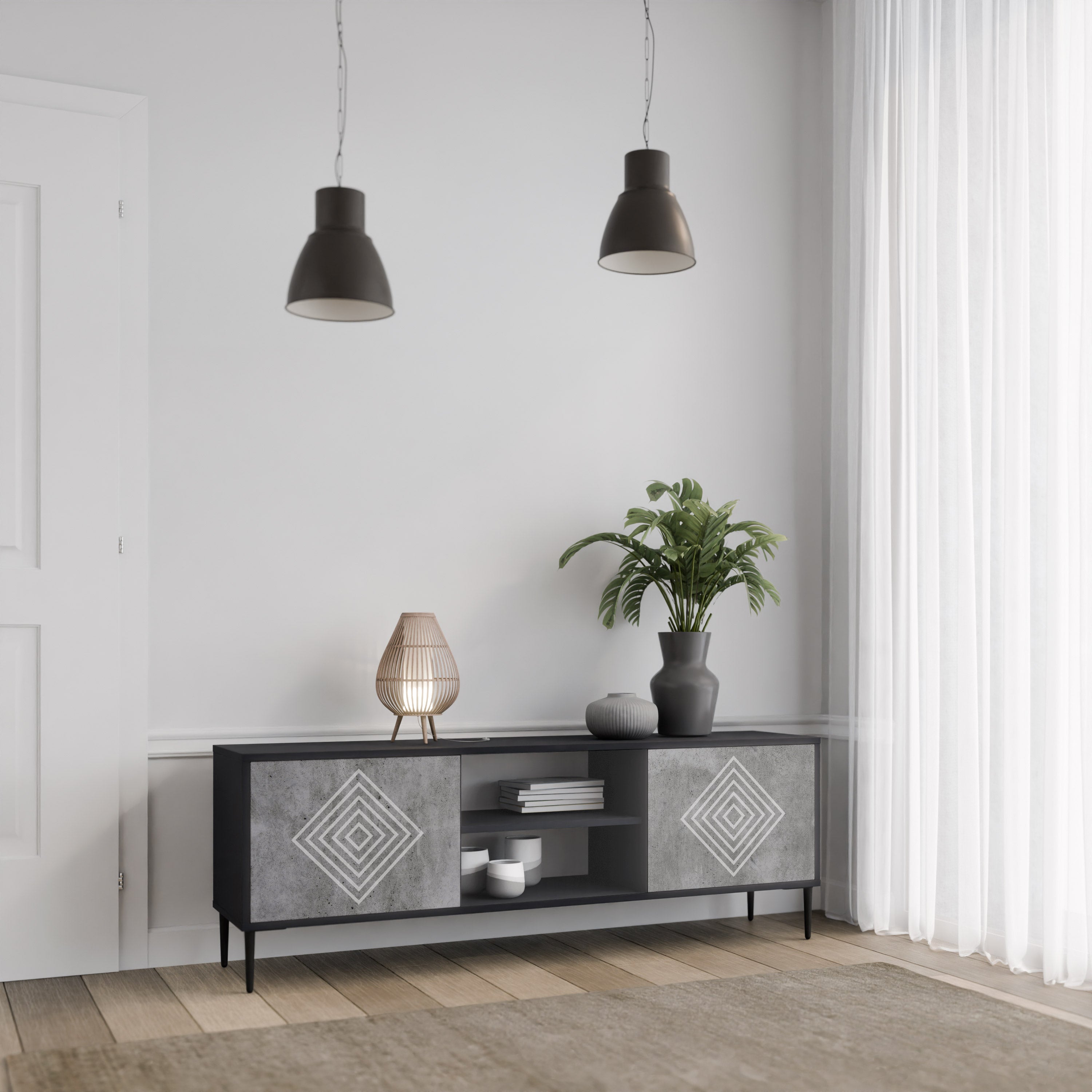 POLYGONAL ARTISTRY 2-dörrars TV-bänk i svart finish