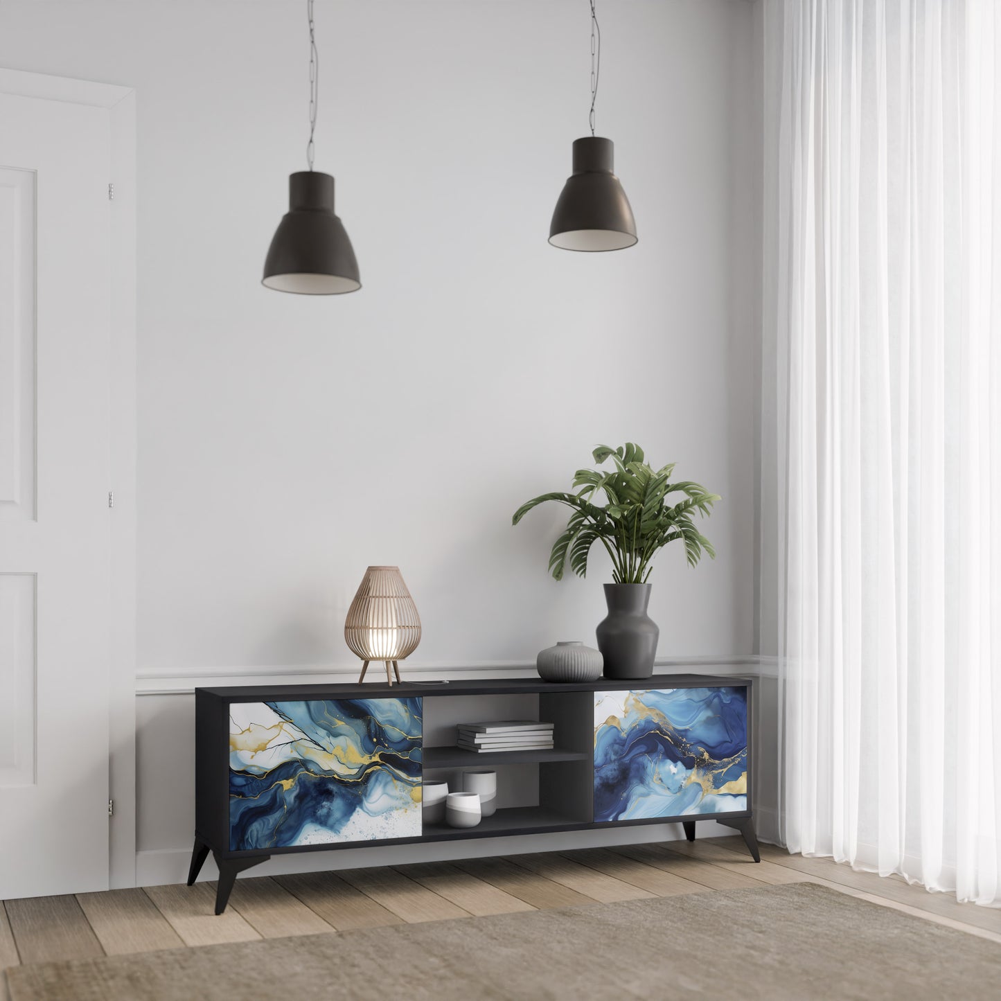 INKY MARBLE 2-dörrars TV-bänk i svart finish