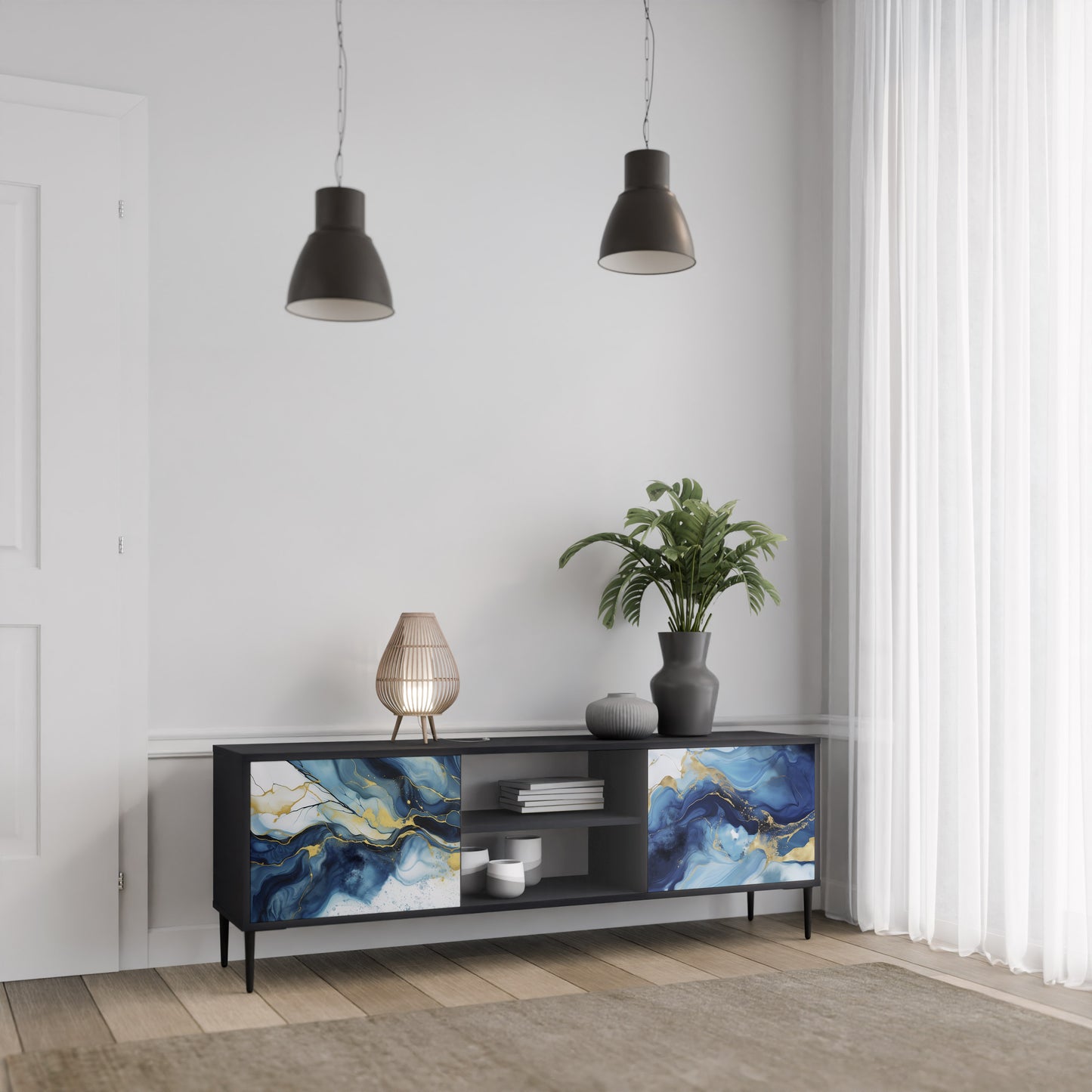 INKY MARBLE 2-dörrars TV-bänk i svart finish