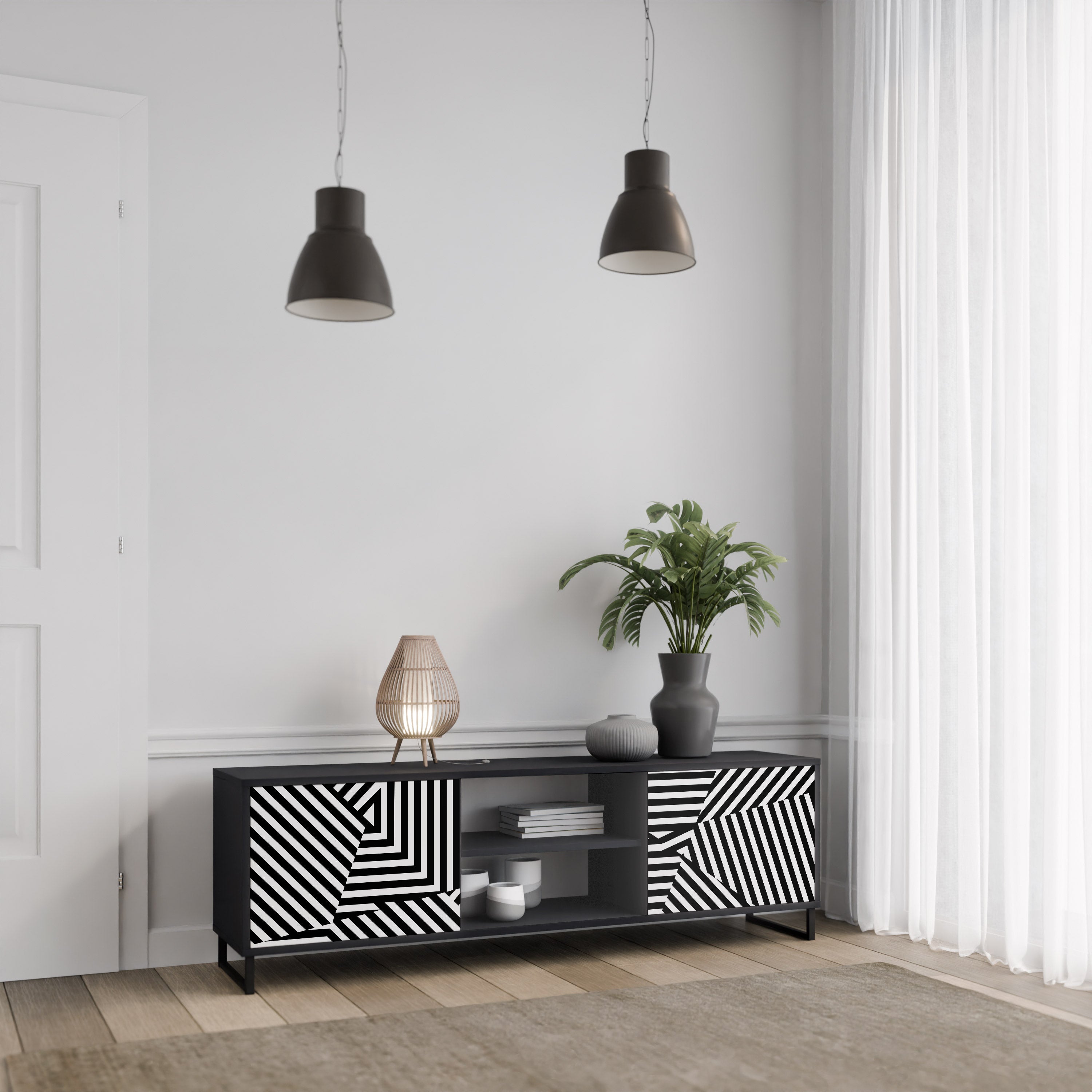 ILLUSIONARISK GALLER 2-dörrars TV-bänk i svart finish