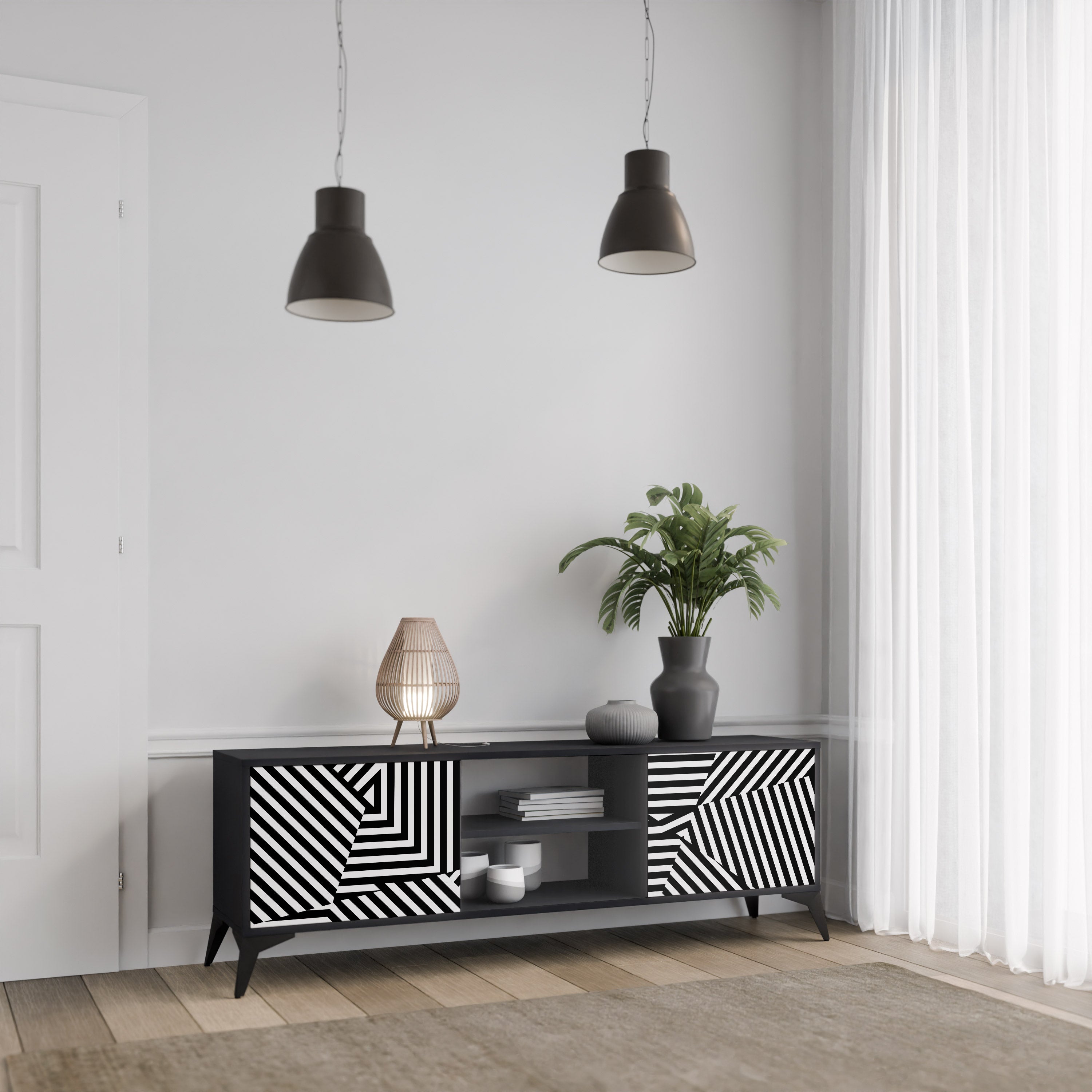 ILLUSIONARISK GALLER 2-dörrars TV-bänk i svart finish