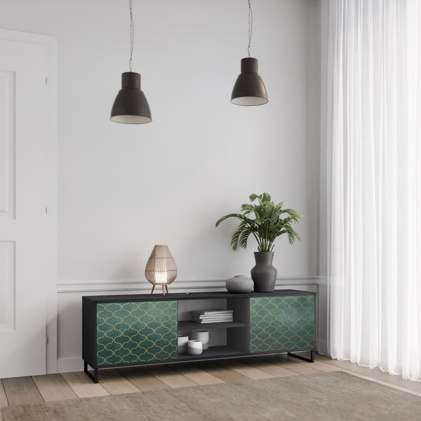 TESSELATED GREENRY 2-dörrars TV-bänk i svart finish