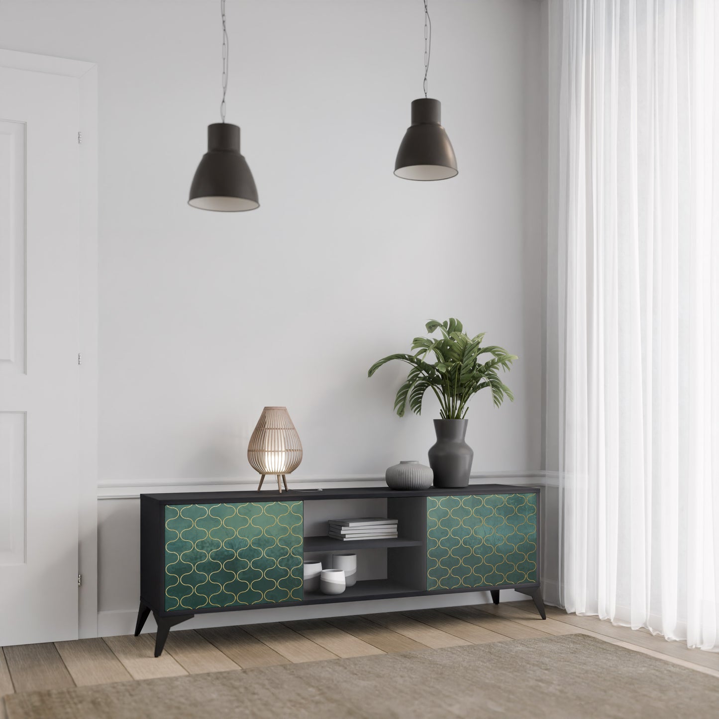TESSELATED GREENRY 2-dörrars TV-bänk i svart finish