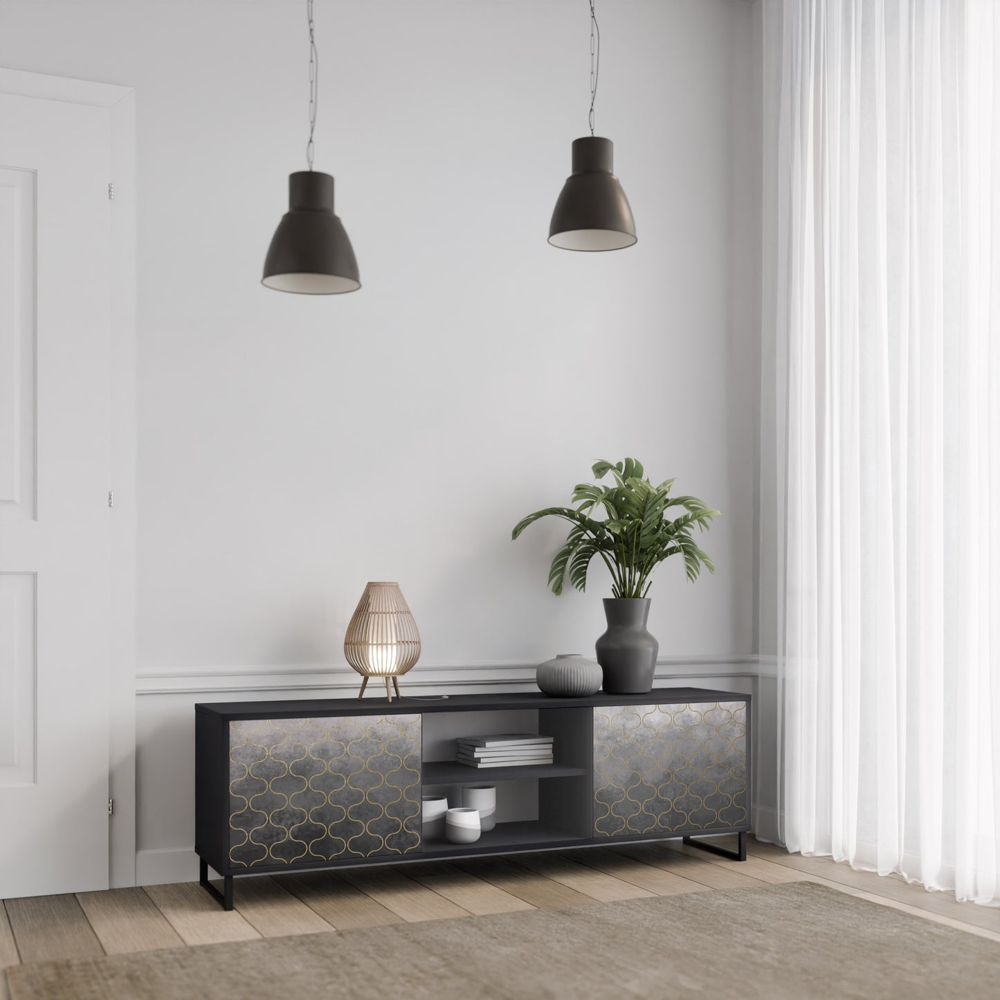 TESSELATED GRÅLIG 2-dörrars TV-bänk i svart finish