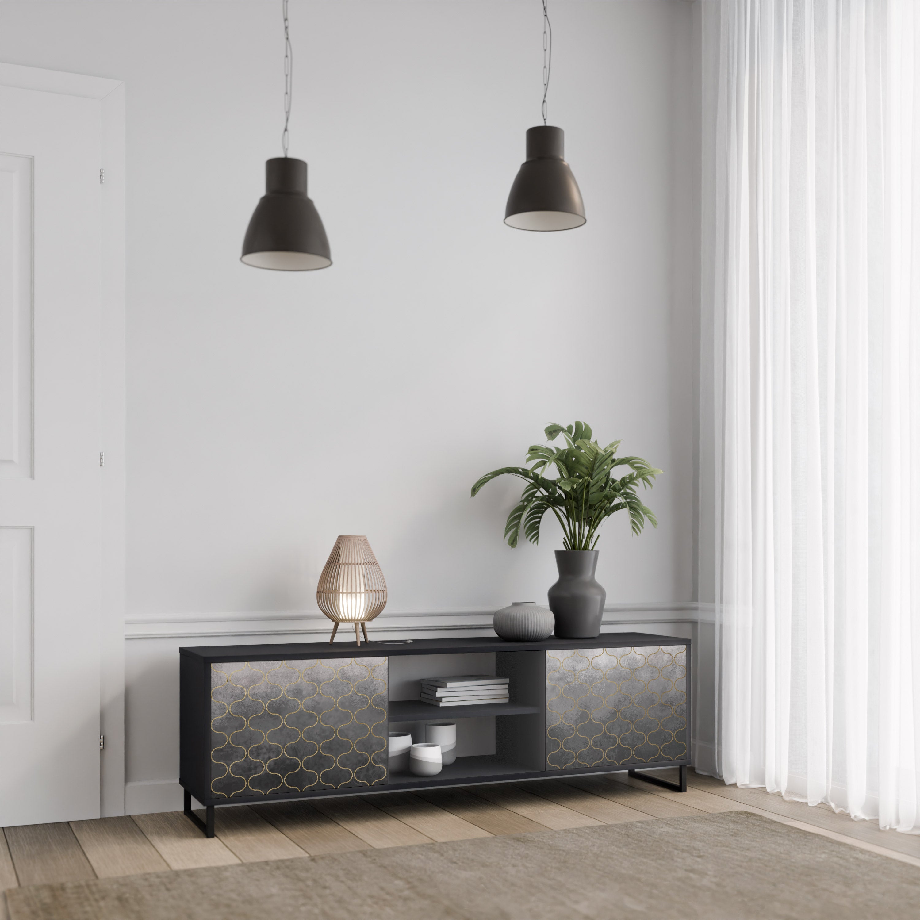 TESSELATED GRÅLIG 2-dörrars TV-bänk i svart finish