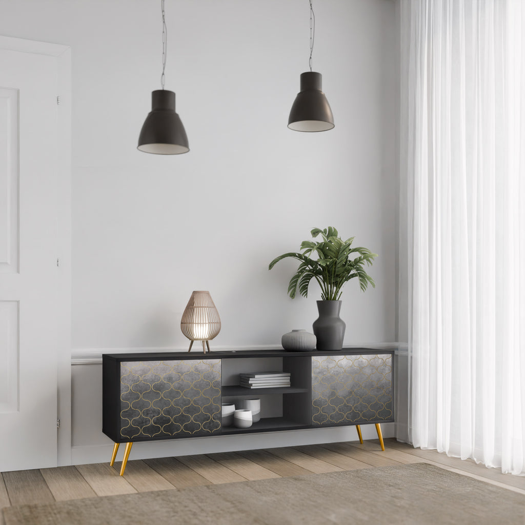 TESSELATED GRÅLIG 2-dörrars TV-bänk i svart finish