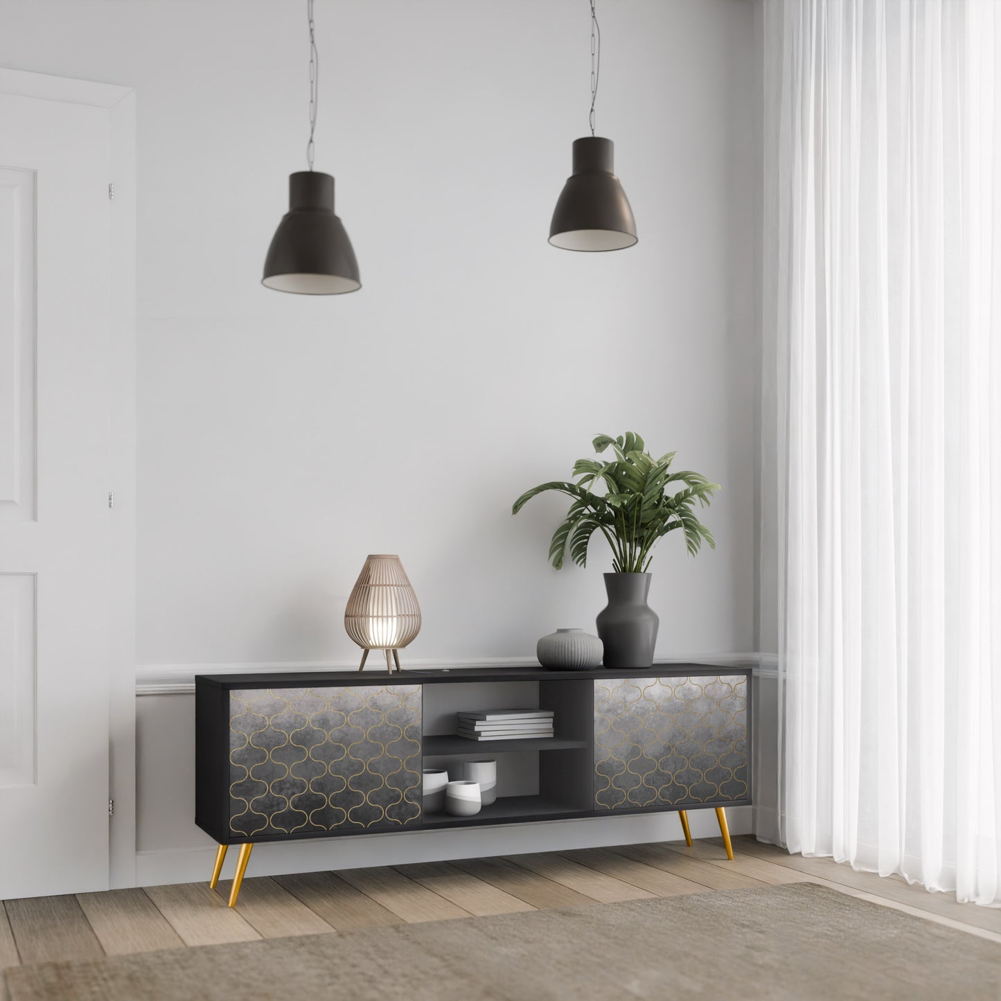 TESSELATED GRÅLIG 2-dörrars TV-bänk i svart finish