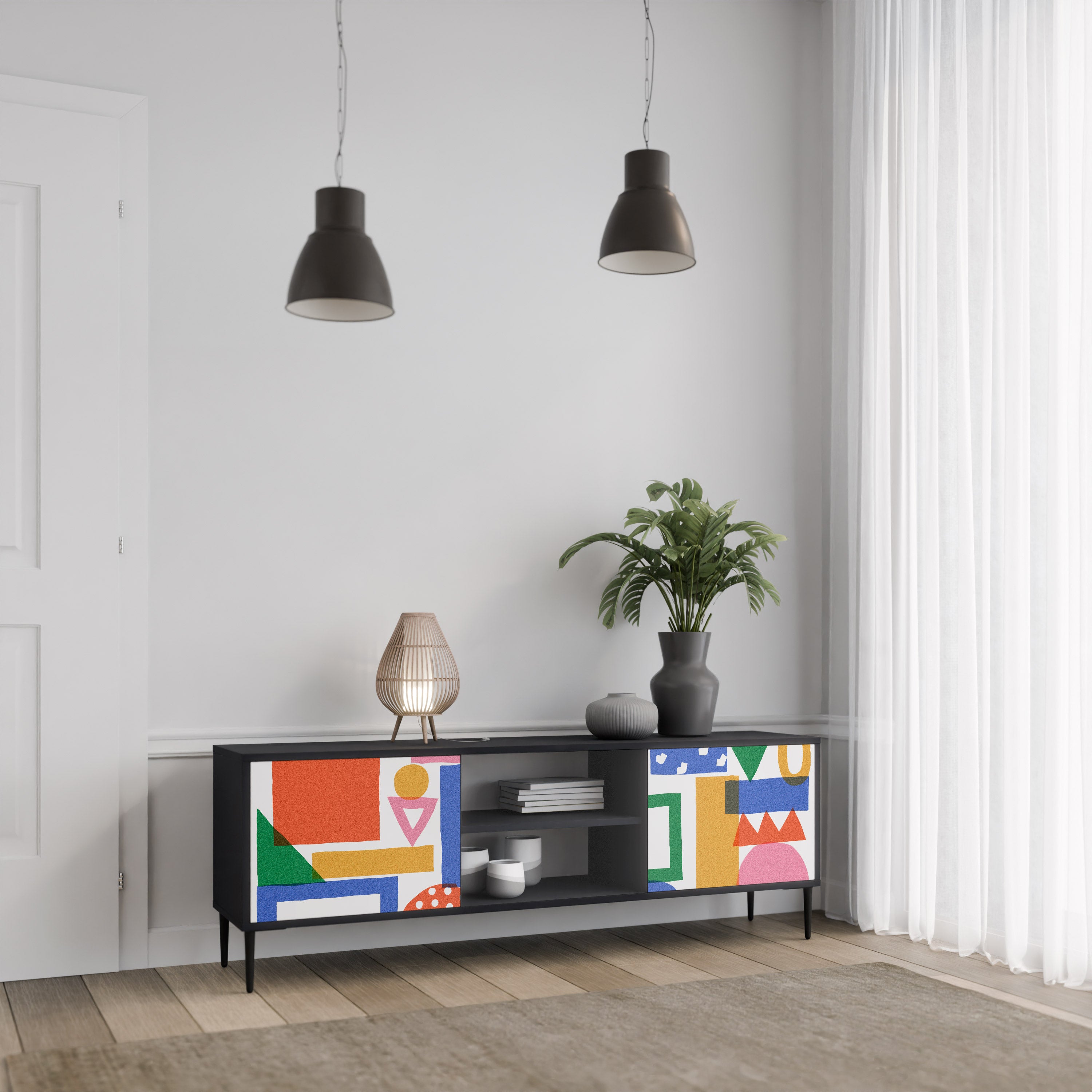 GEOMETRIC GLIMMER 2-dörrars TV-bänk i svart finish