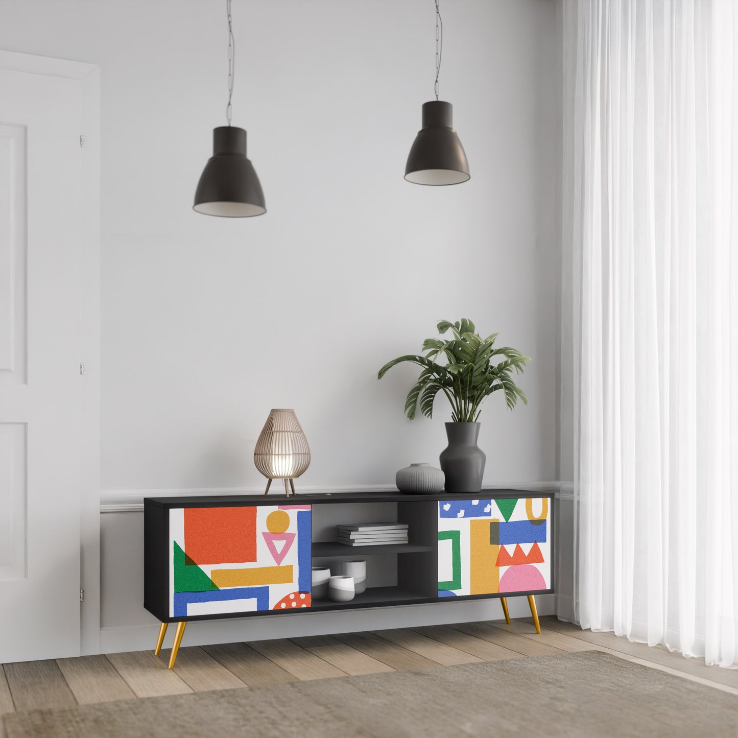 GEOMETRIC GLIMMER 2-dörrars TV-bänk i svart finish