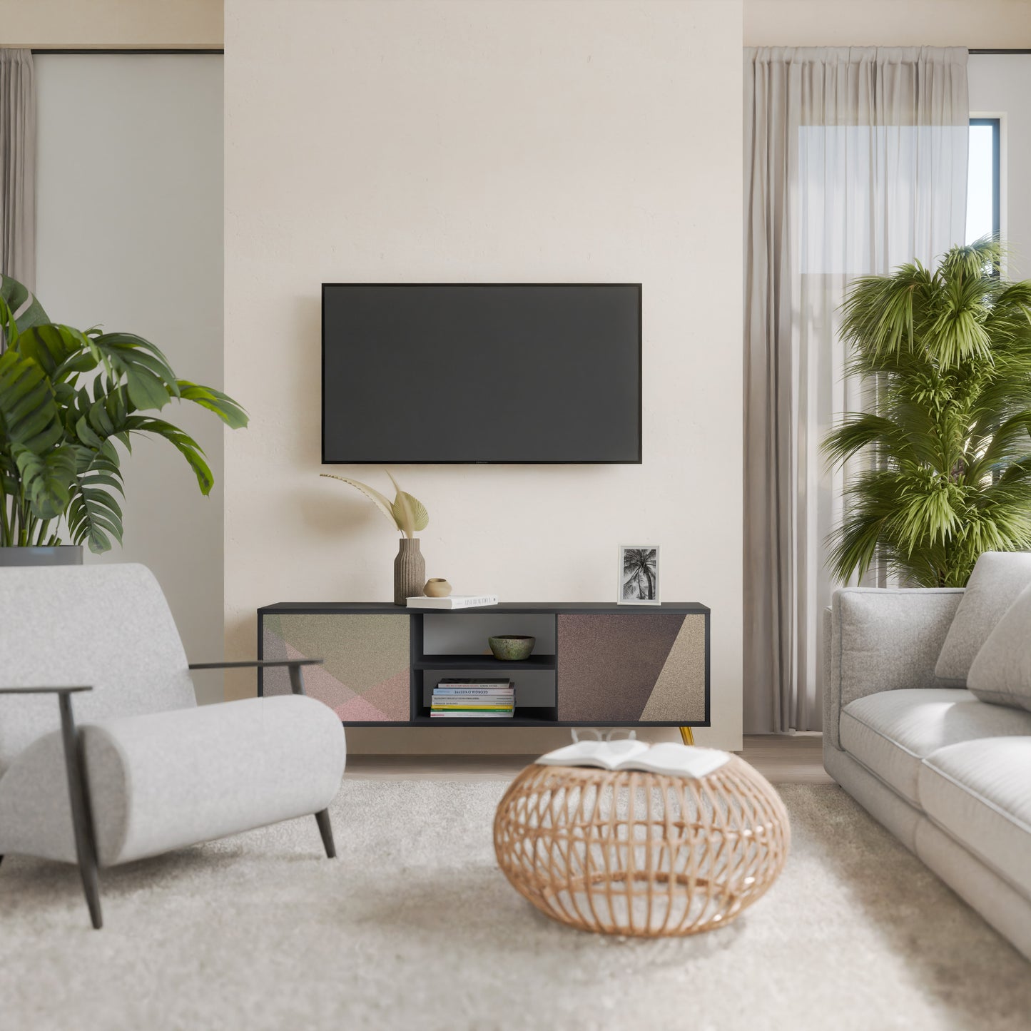 BEIGE GEOMETRY 2-dörrars TV-bänk i svart finish