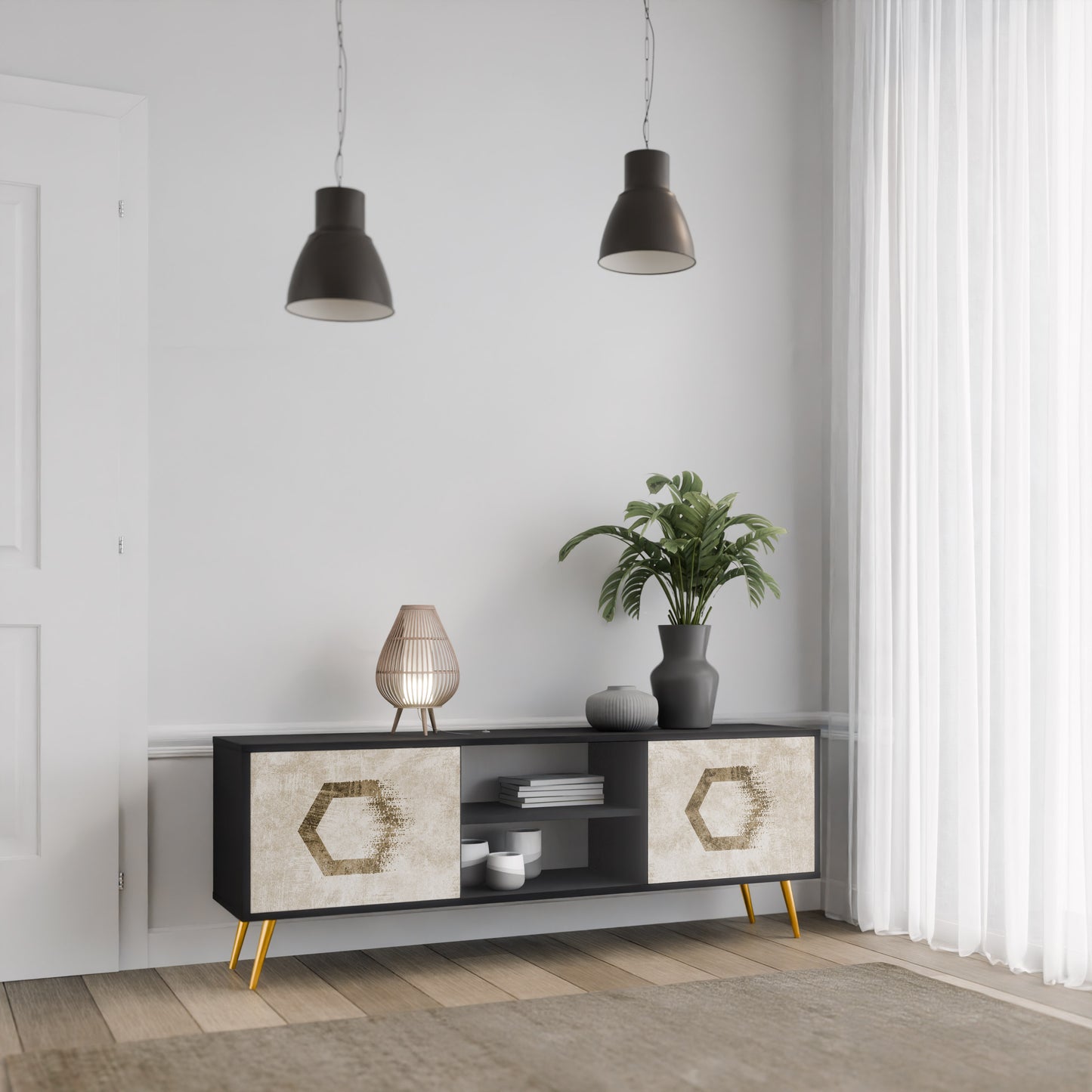 HEXAGONAL SHAPES 2-Door TV Stand in Black Finish