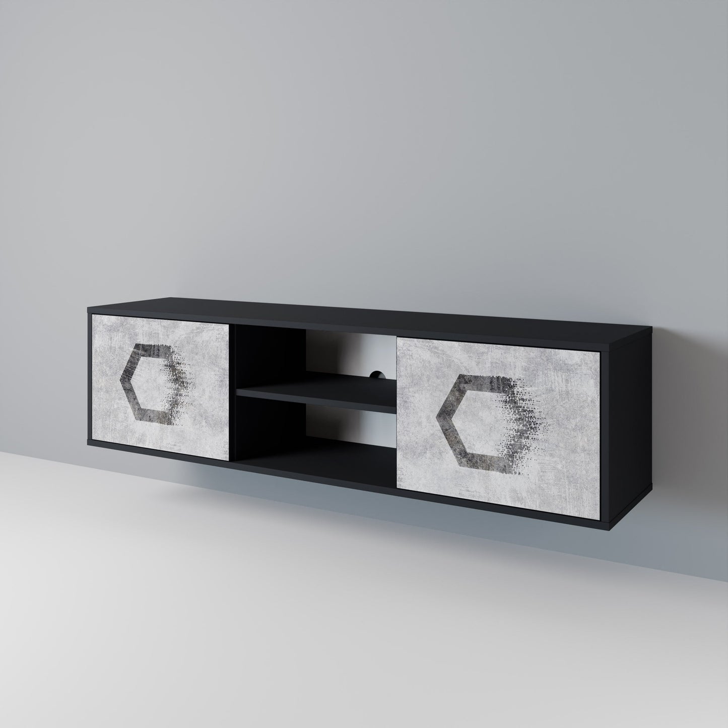 HEXAGONAL FIGURES 2-Door TV Stand in Black Finish