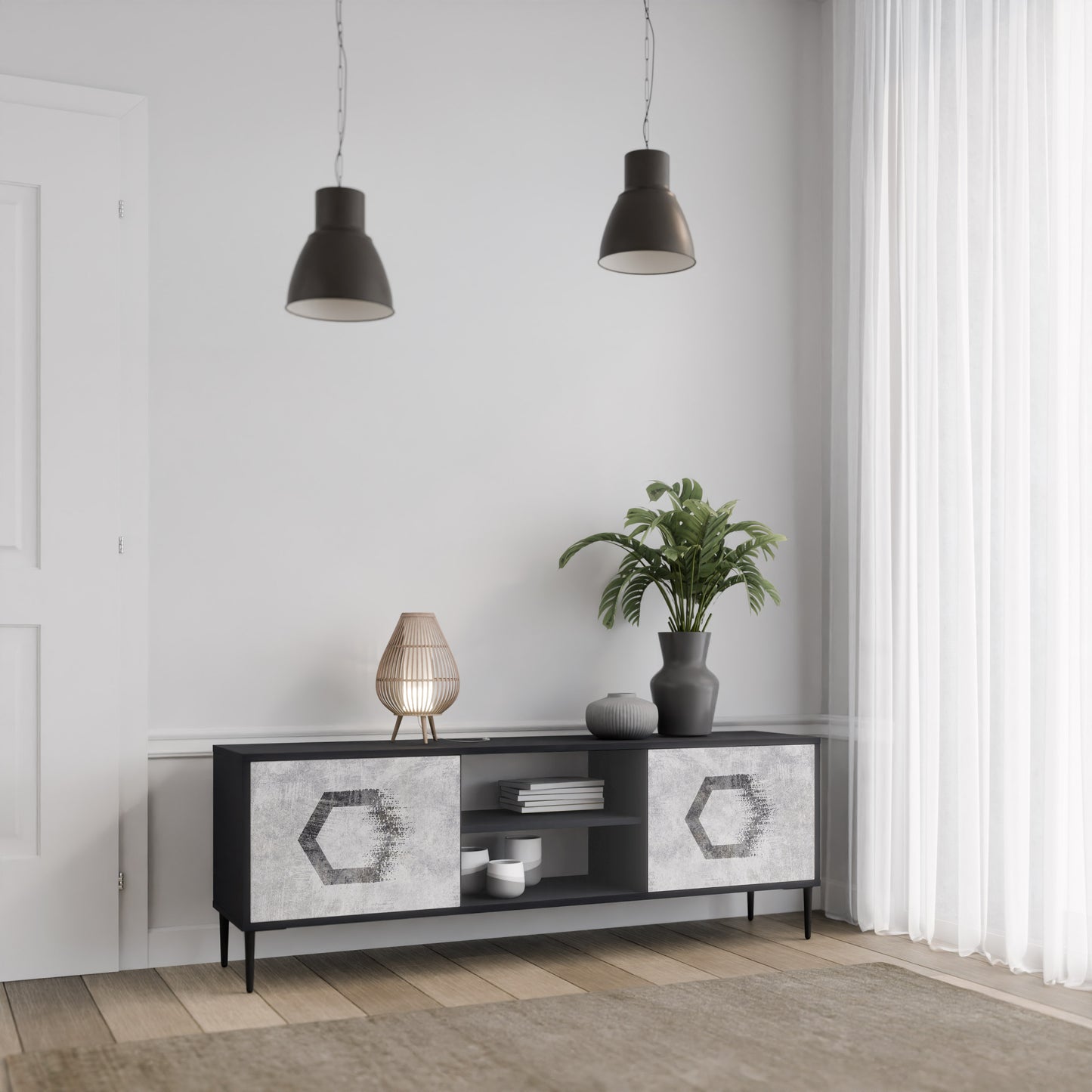 HEXAGONAL FIGURES 2-Door TV Stand in Black Finish