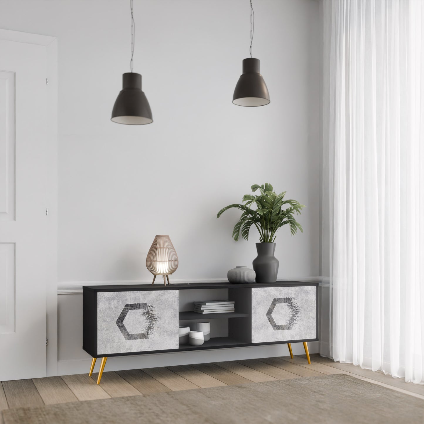 HEXAGONAL FIGURES 2-Door TV Stand in Black Finish