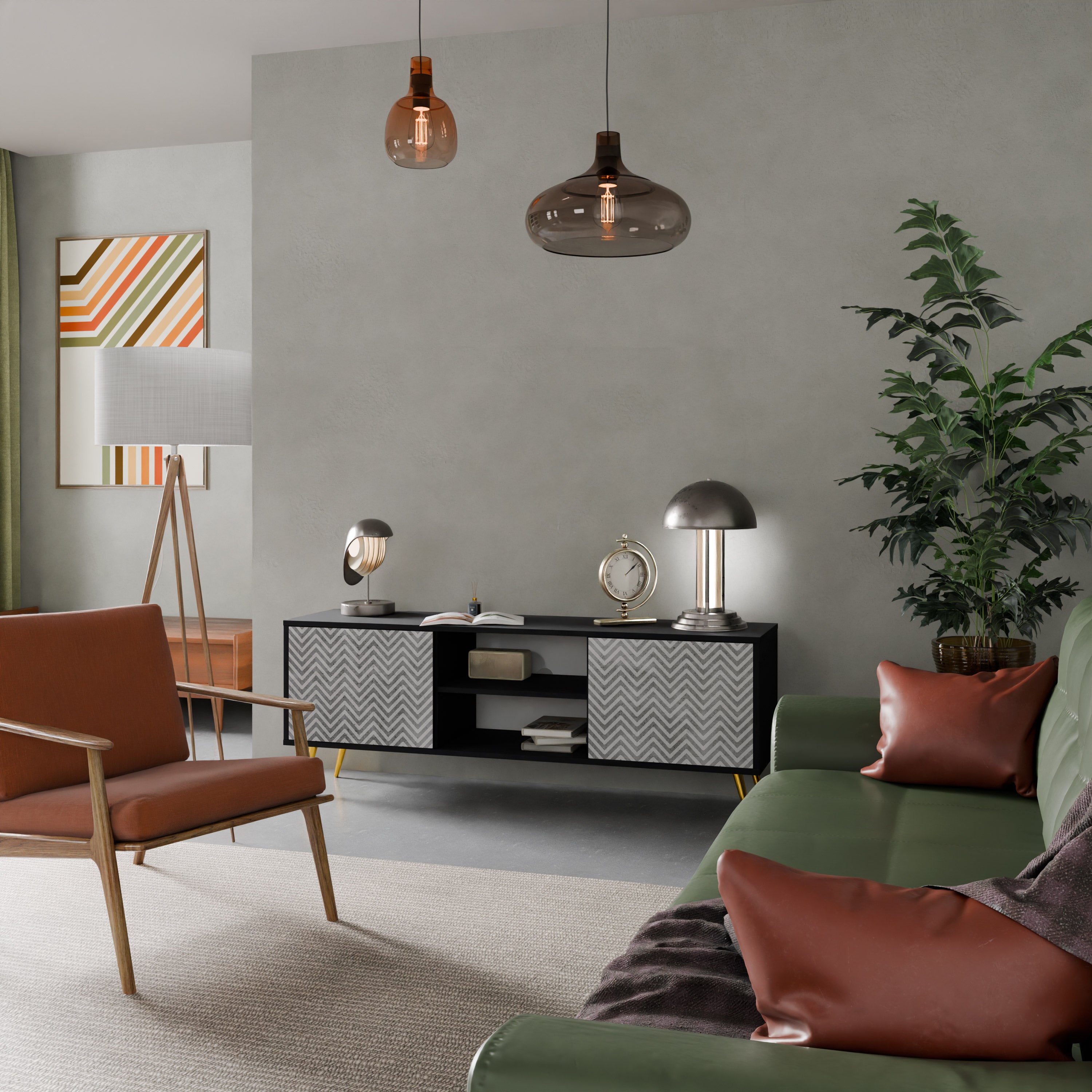 CONCRETE ZIG ZAG 2-dörrars TV-bänk i svart finish