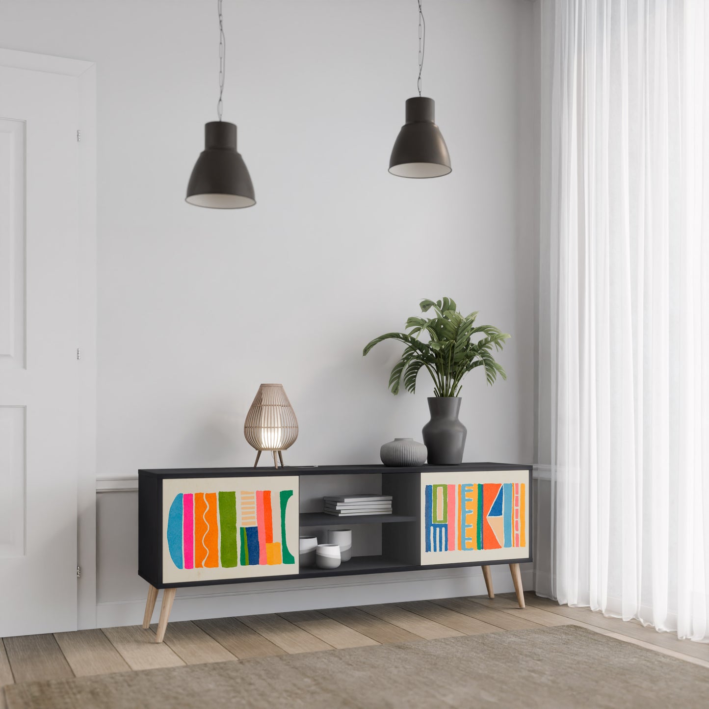 GEOMETRIC SHINE 2-dörrars TV-bänk i svart finish