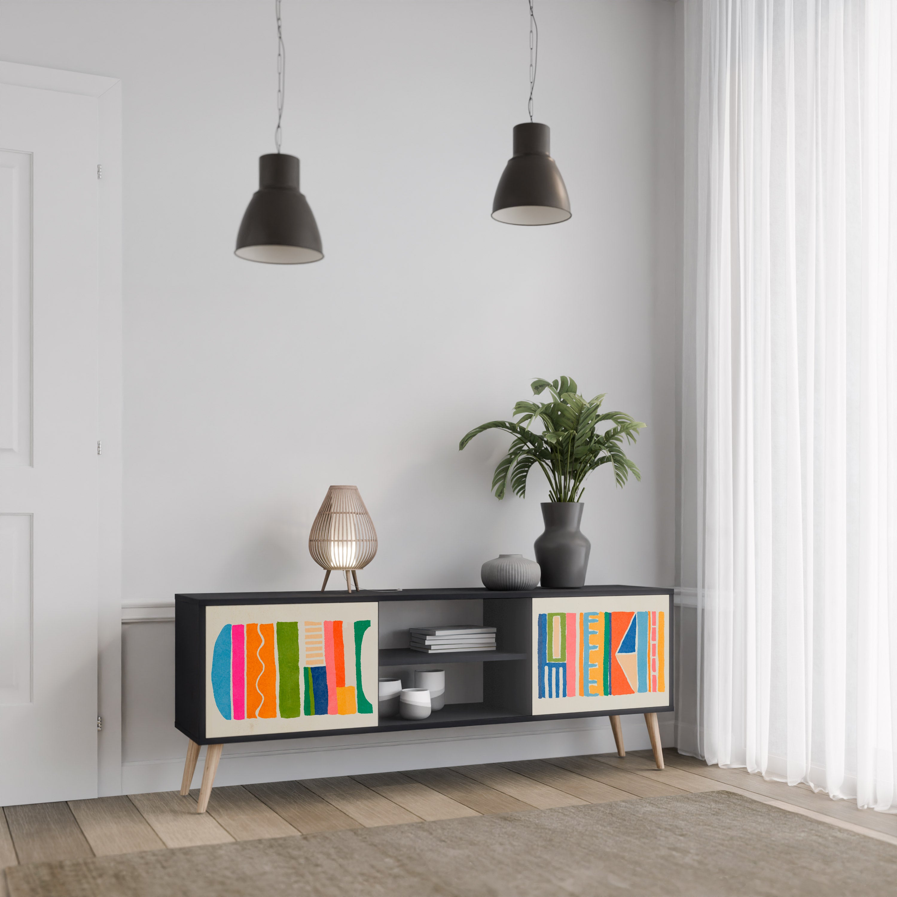 GEOMETRIC SHINE 2-dörrars TV-bänk i svart finish