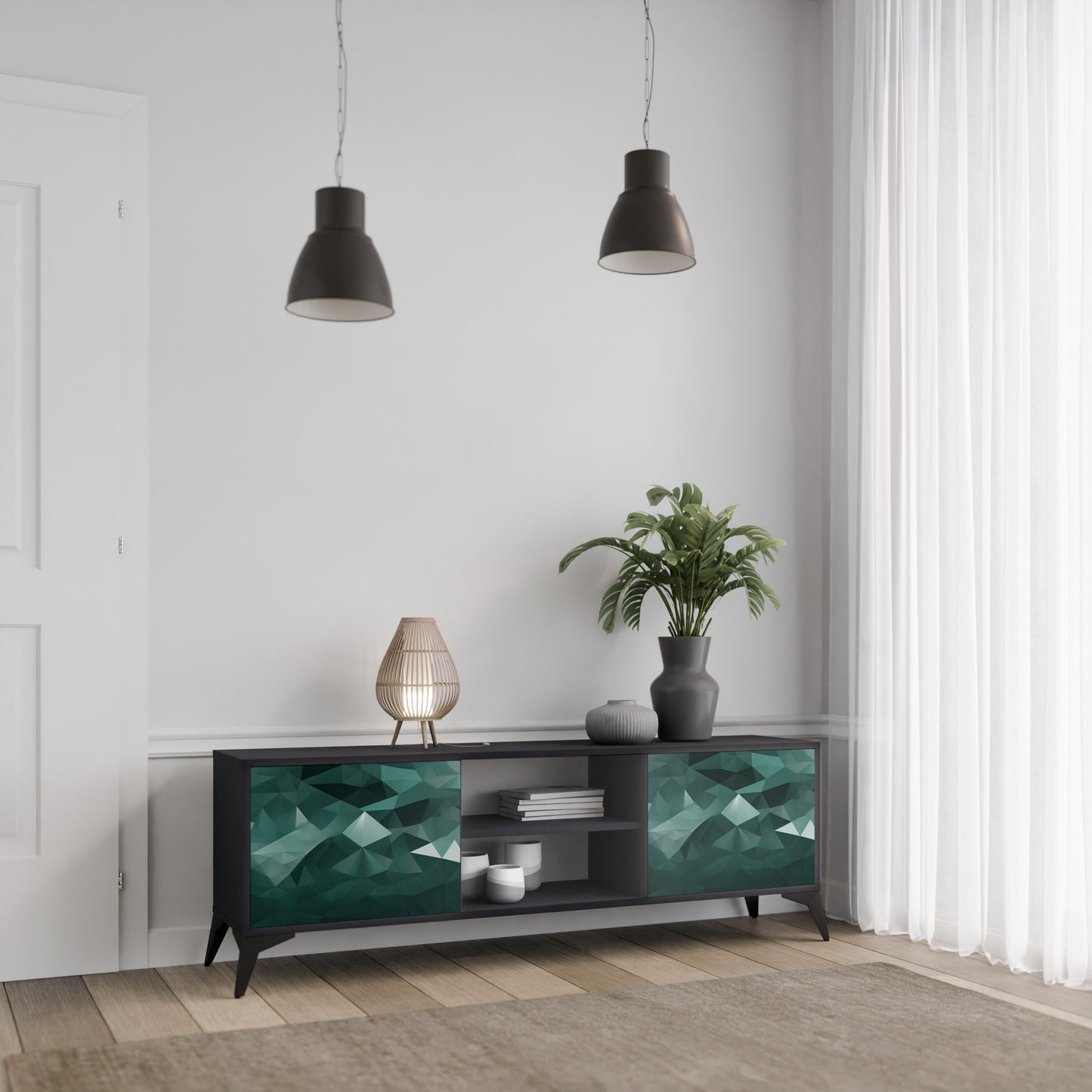 POLYGONAL FLOATING 2-Door TV Stand in Black Finish