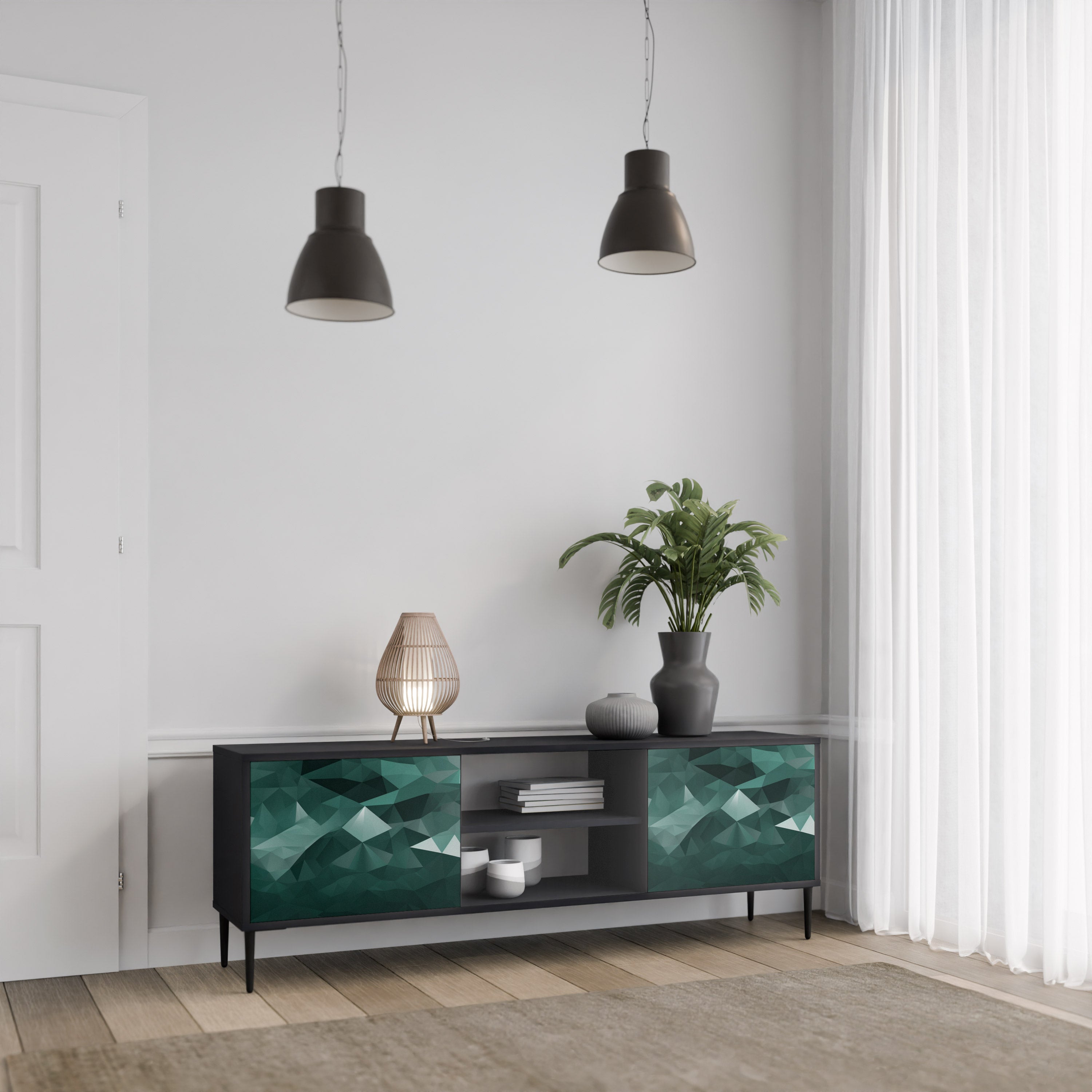 POLYGONAL FLYTANDE 2-dörrars TV-bänk i svart finish