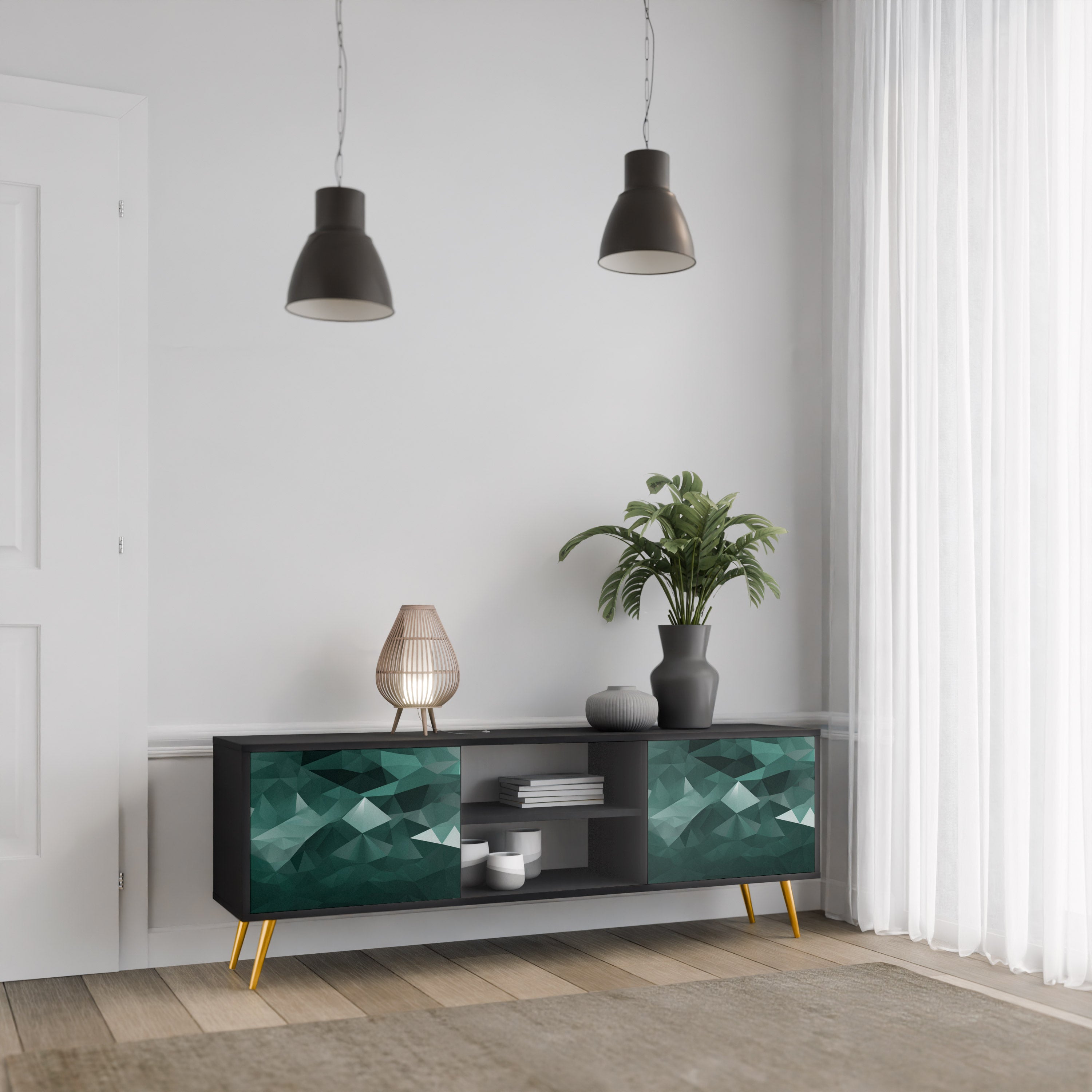 POLYGONAL FLYTANDE 2-dörrars TV-bänk i svart finish
