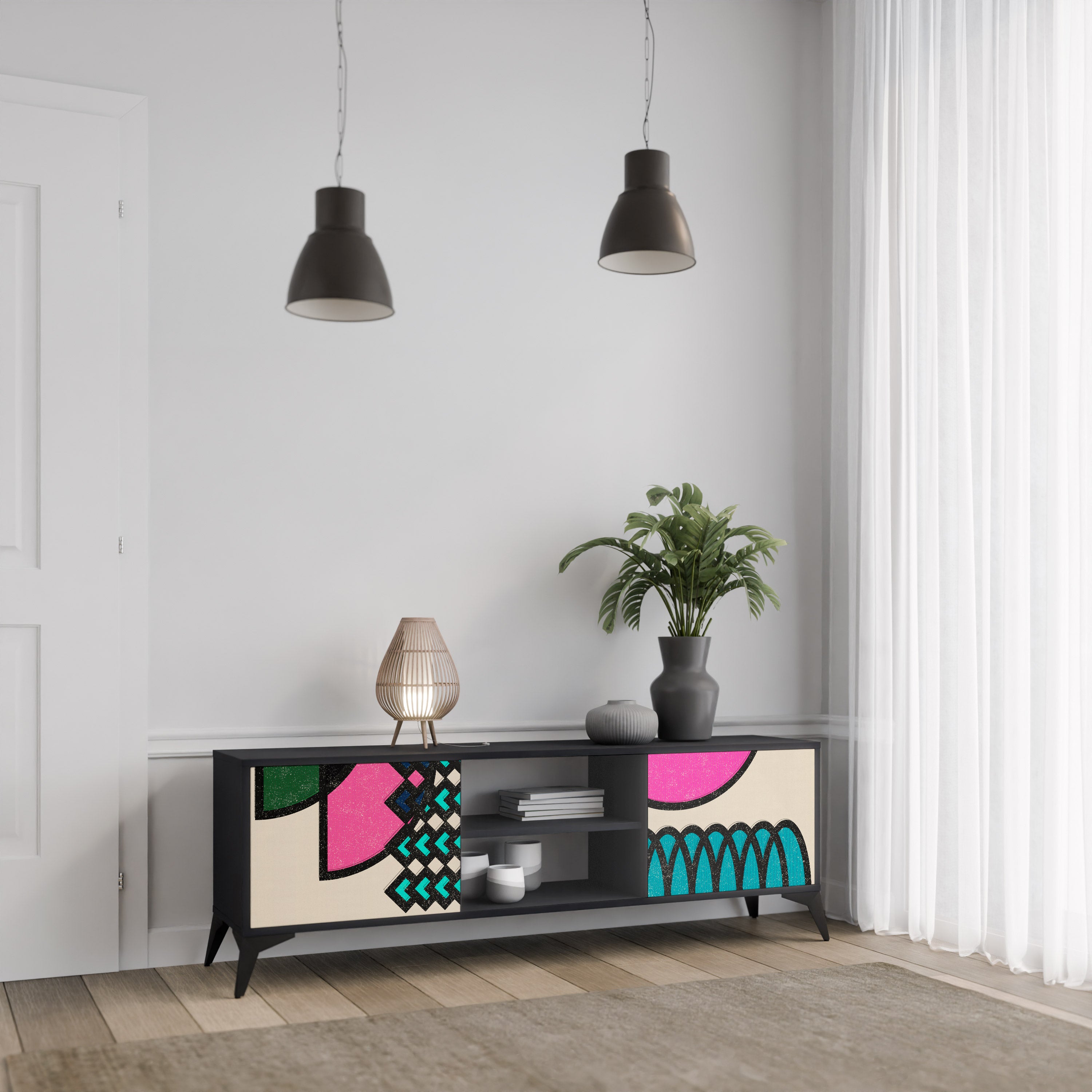 GEOMETRIC RHAPSODY 2-dörrars TV-bänk i svart finish