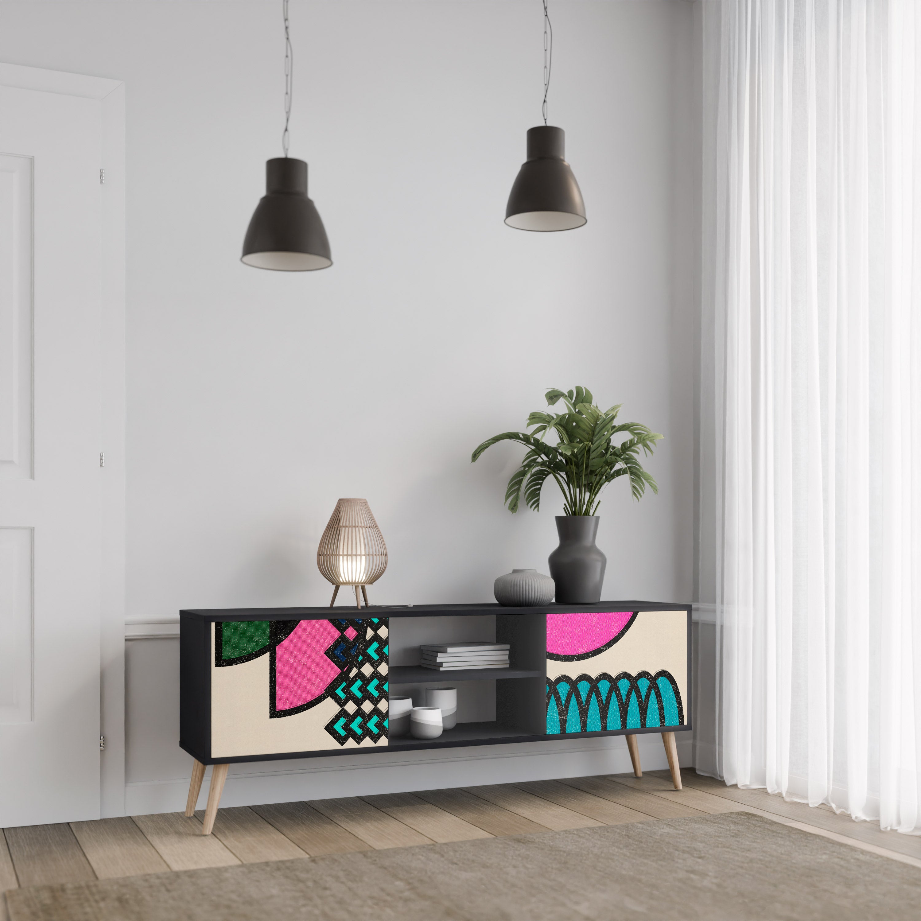 GEOMETRIC RHAPSODY 2-dörrars TV-bänk i svart finish