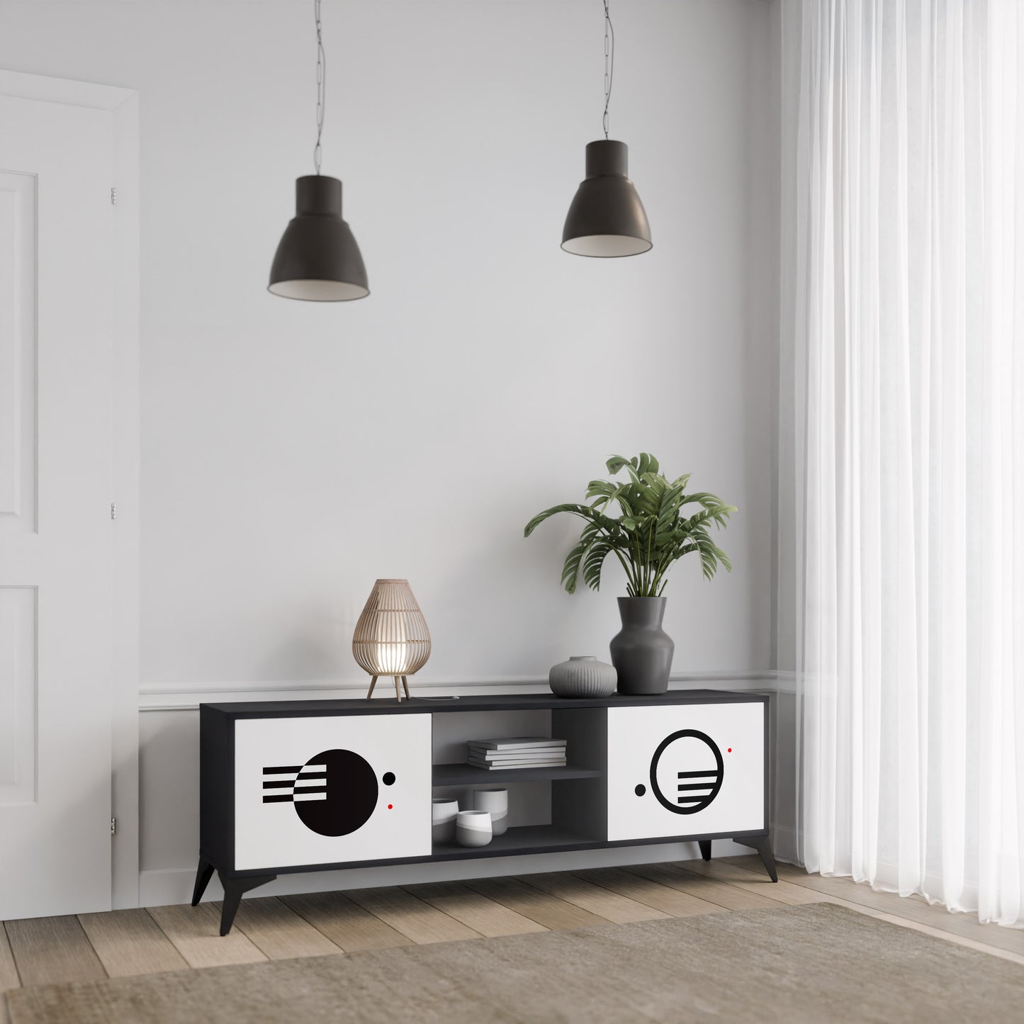 BLACK AND WHITE COMBINATION 2-Door TV Stand in Black Finish