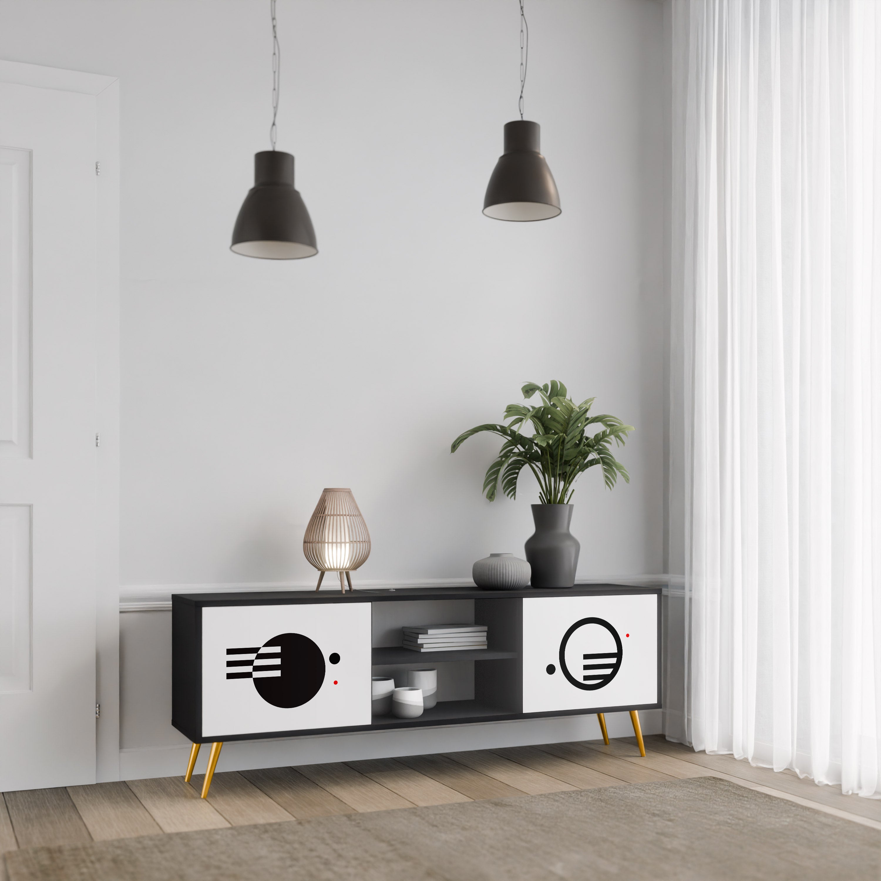 SVART OCH VITT KOMBINATION 2-dörrars TV-bänk i svart finish