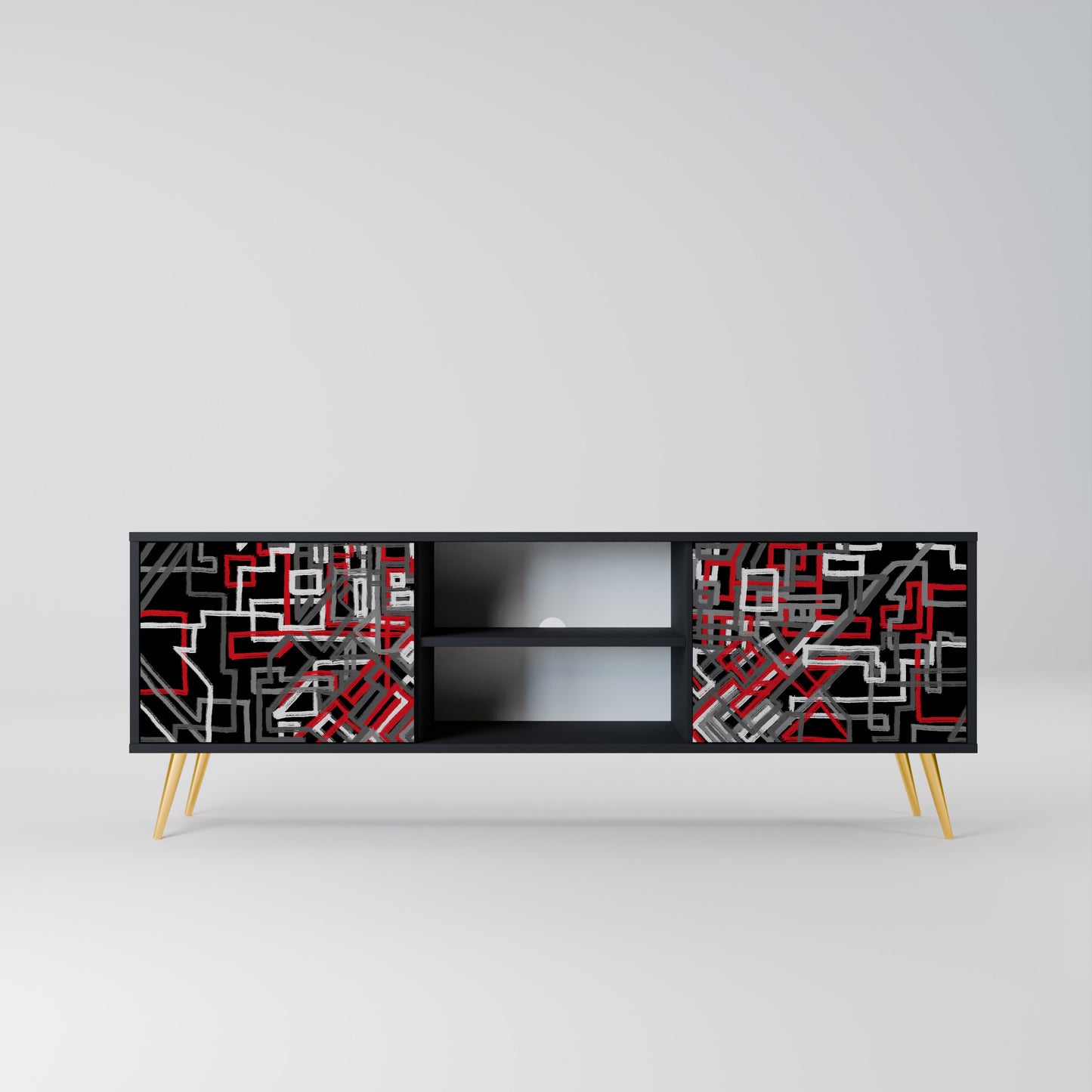 BROKEN LINES 2-Door TV Stand in Black Finish