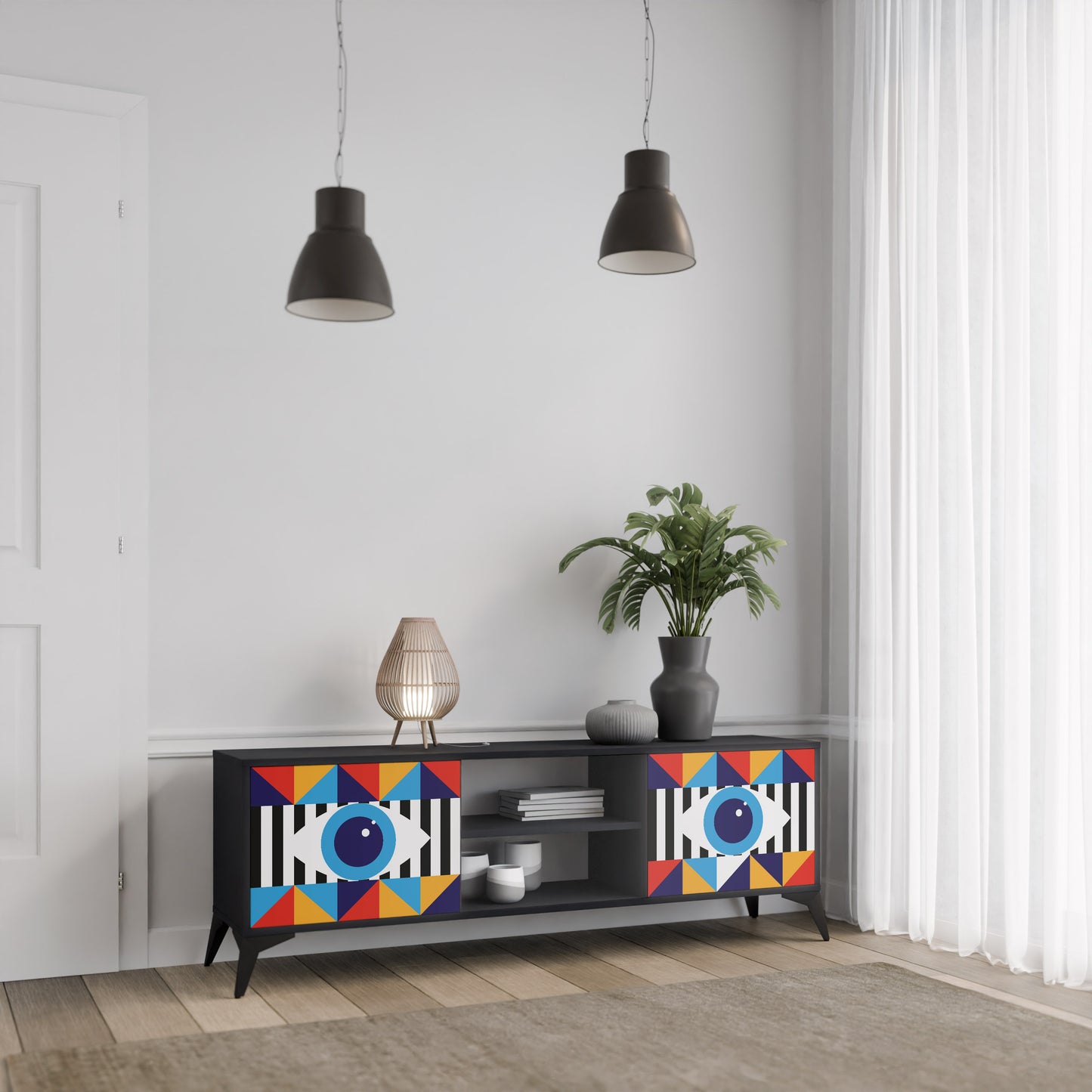ABSTRAKTION OCH GEOMETRI 2-dörrars TV-bänk i svart finish