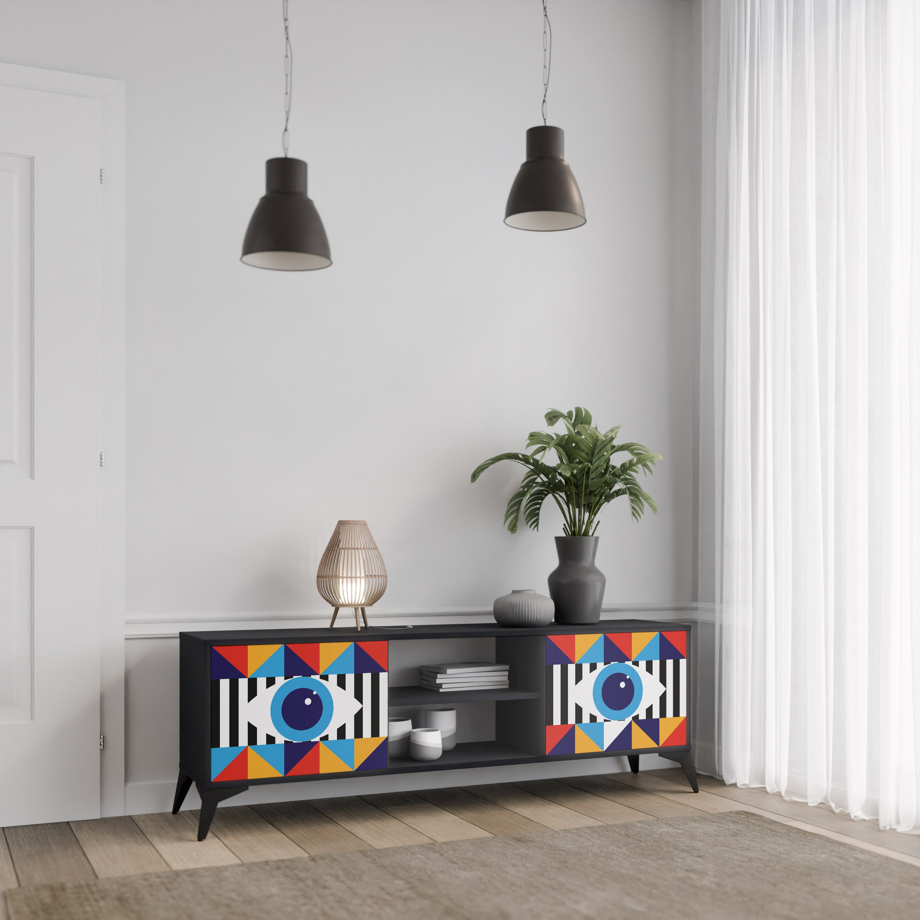ABSTRAKTION OCH GEOMETRI 2-dörrars TV-bänk i svart finish