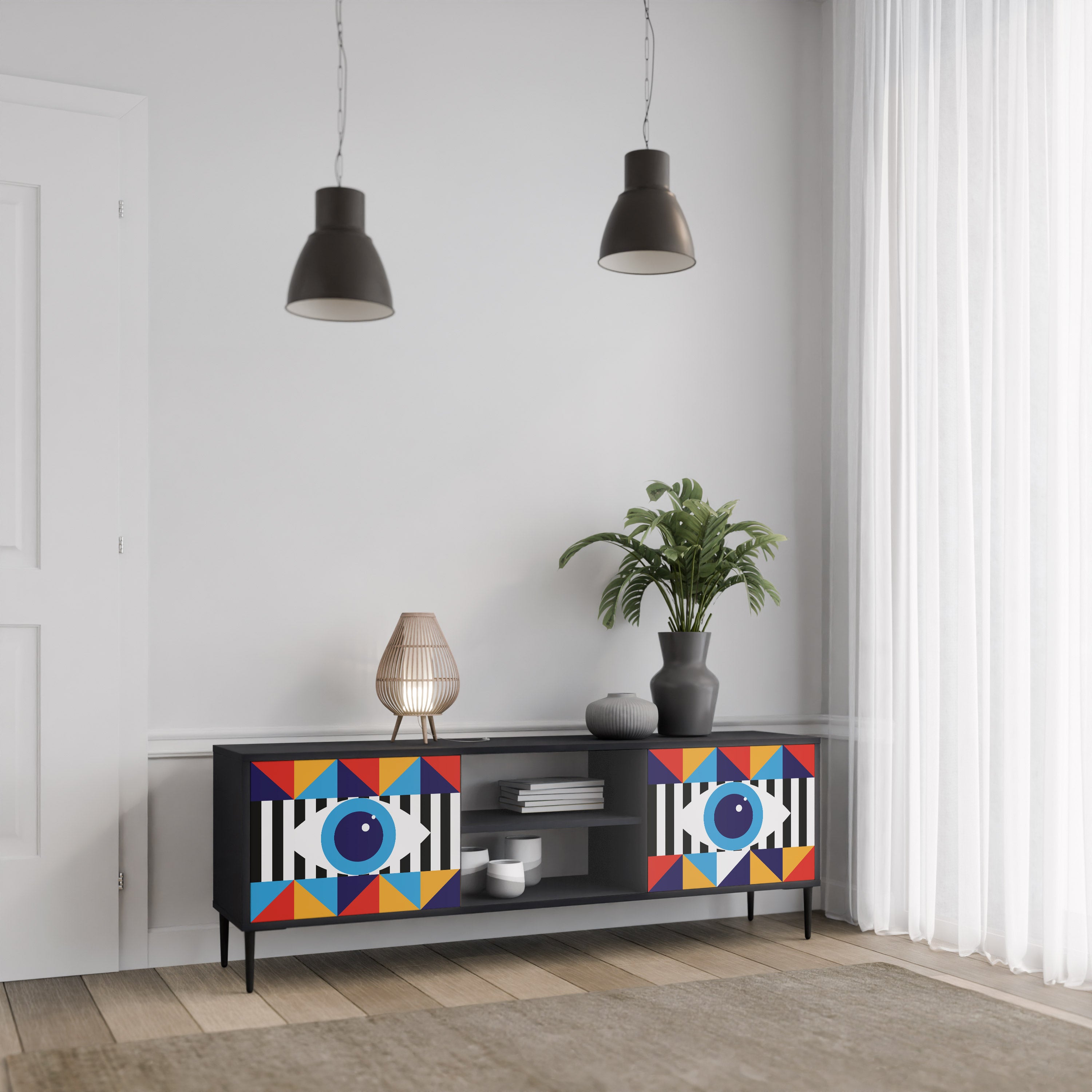 ABSTRAKTION OCH GEOMETRI 2-dörrars TV-bänk i svart finish