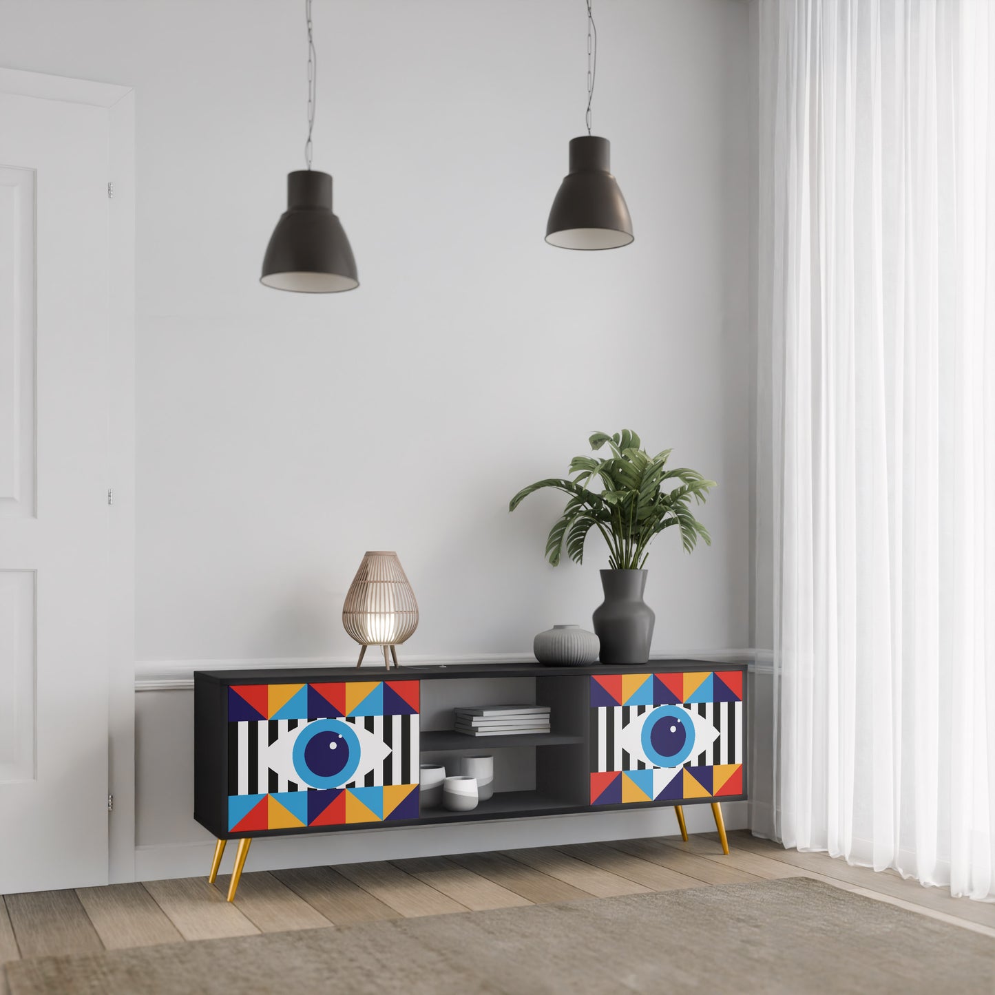 ABSTRAKTION OCH GEOMETRI 2-dörrars TV-bänk i svart finish